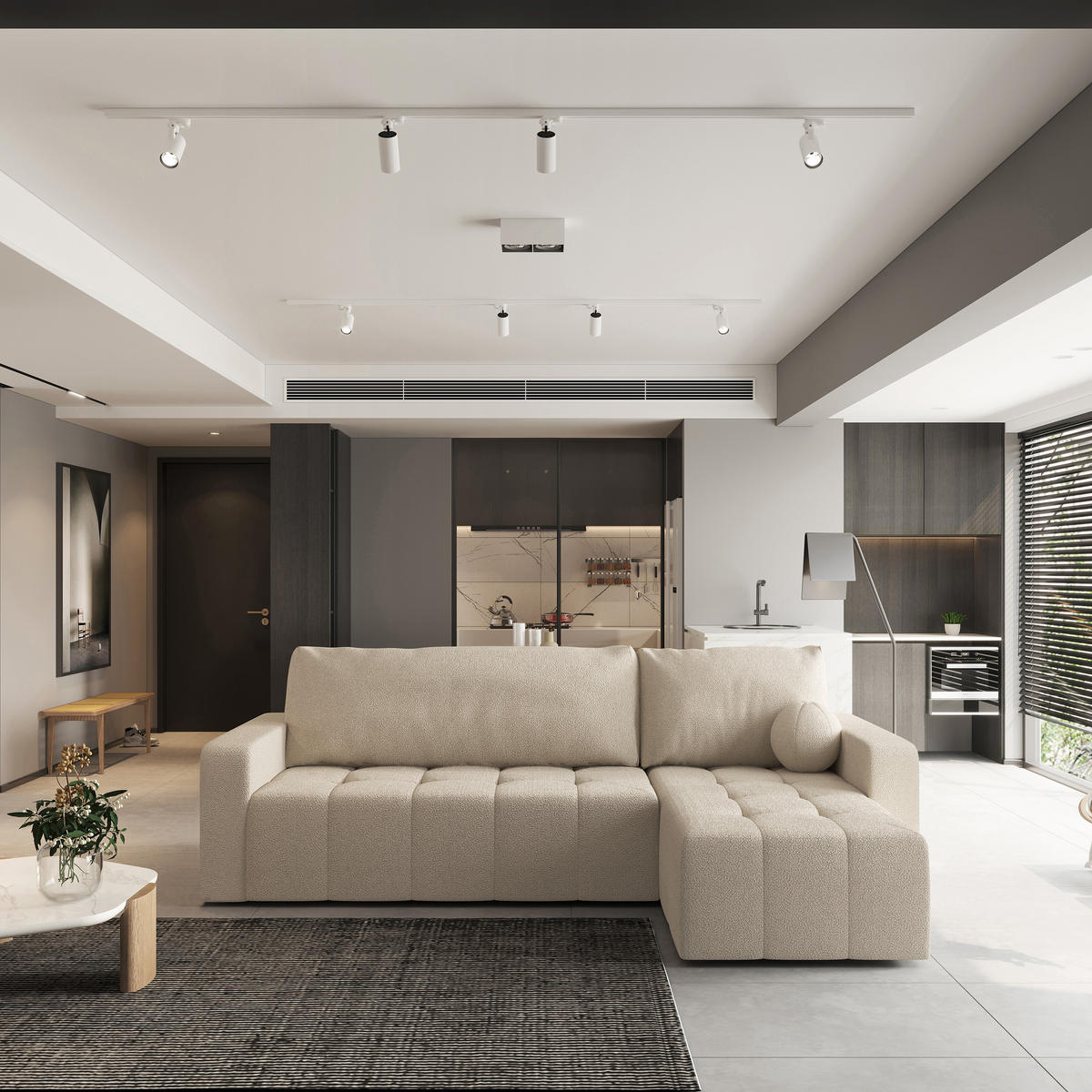 ECKSOFA VOLIRA Beige Boucle-Stoff mit Schlaffunktion - Beige, Holz (230/143cm) - MASSENO