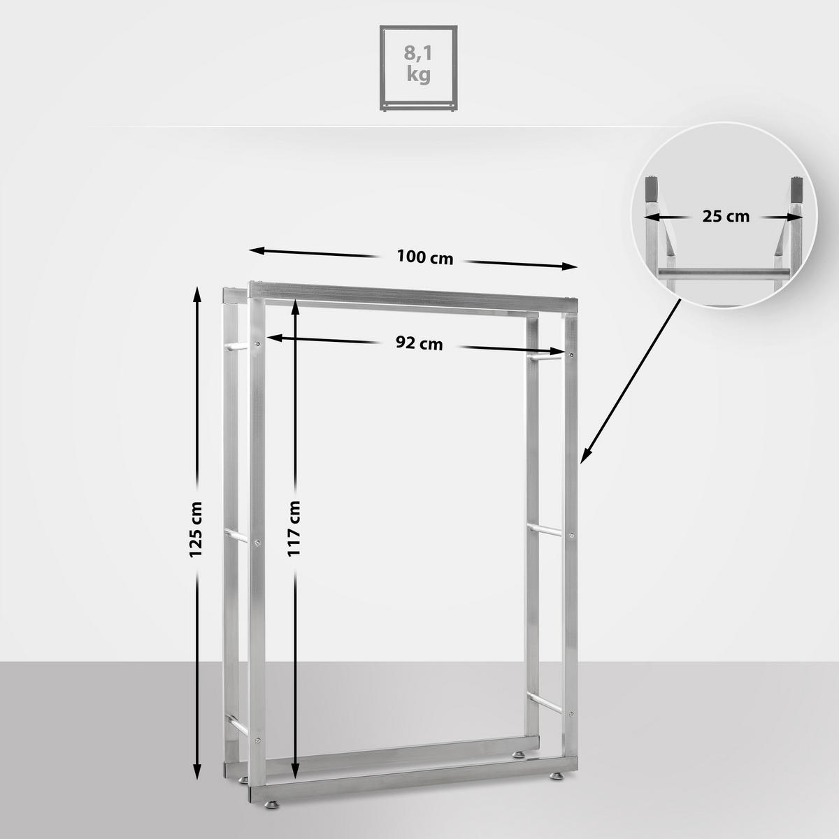 KAMINHOLZREGAL innen Metall SATLO Kaminholzständer Edelstahl 25x100x125 cm - Edelstahlfarben, Metall (125/100/25cm) - DELUKE
