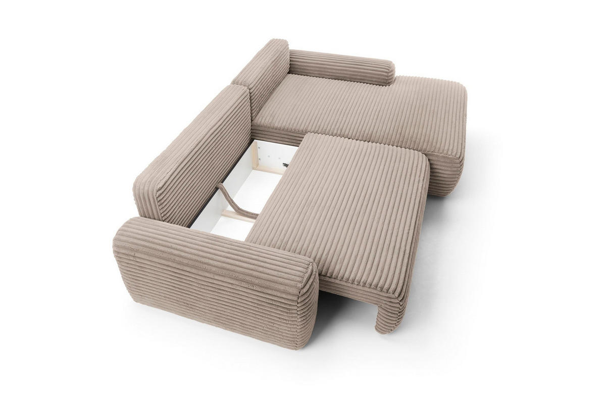 ECKSOFA OSSO Beige Velours-Stoff mit Schlaffunktion - Beige, Holz (264/162cm) - MASSENO