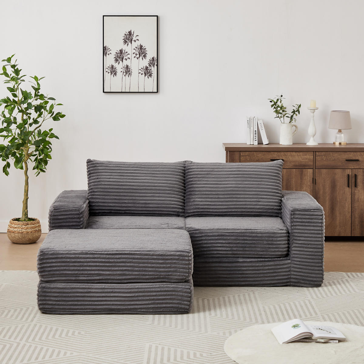 SOFA-BETT modular mit Fußstütze Cord Grey - Grau, Kunststoff (169.5/194cm) - Meubliv