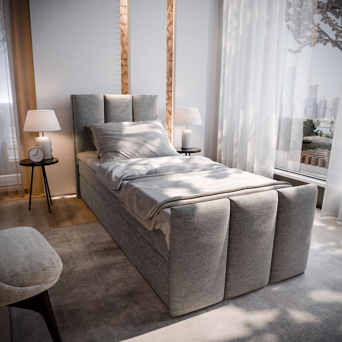 BOXBETT LAGO 100 100x200 cm mit Matratze und Topper - Hellgrau - Hellgrau, Holz (100/200cm) - MASSENO