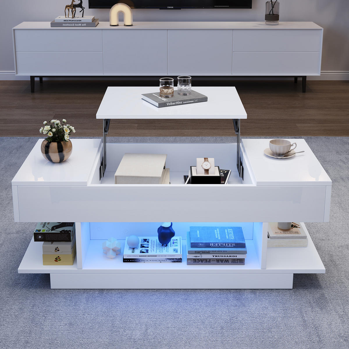 COUCHTISCH 98/45/40 cm mit LED-Beleuchtung, höhenverstellbar und Stauraum - Weiß, Holzwerkstoff (98/45/40cm) - Flora Grace