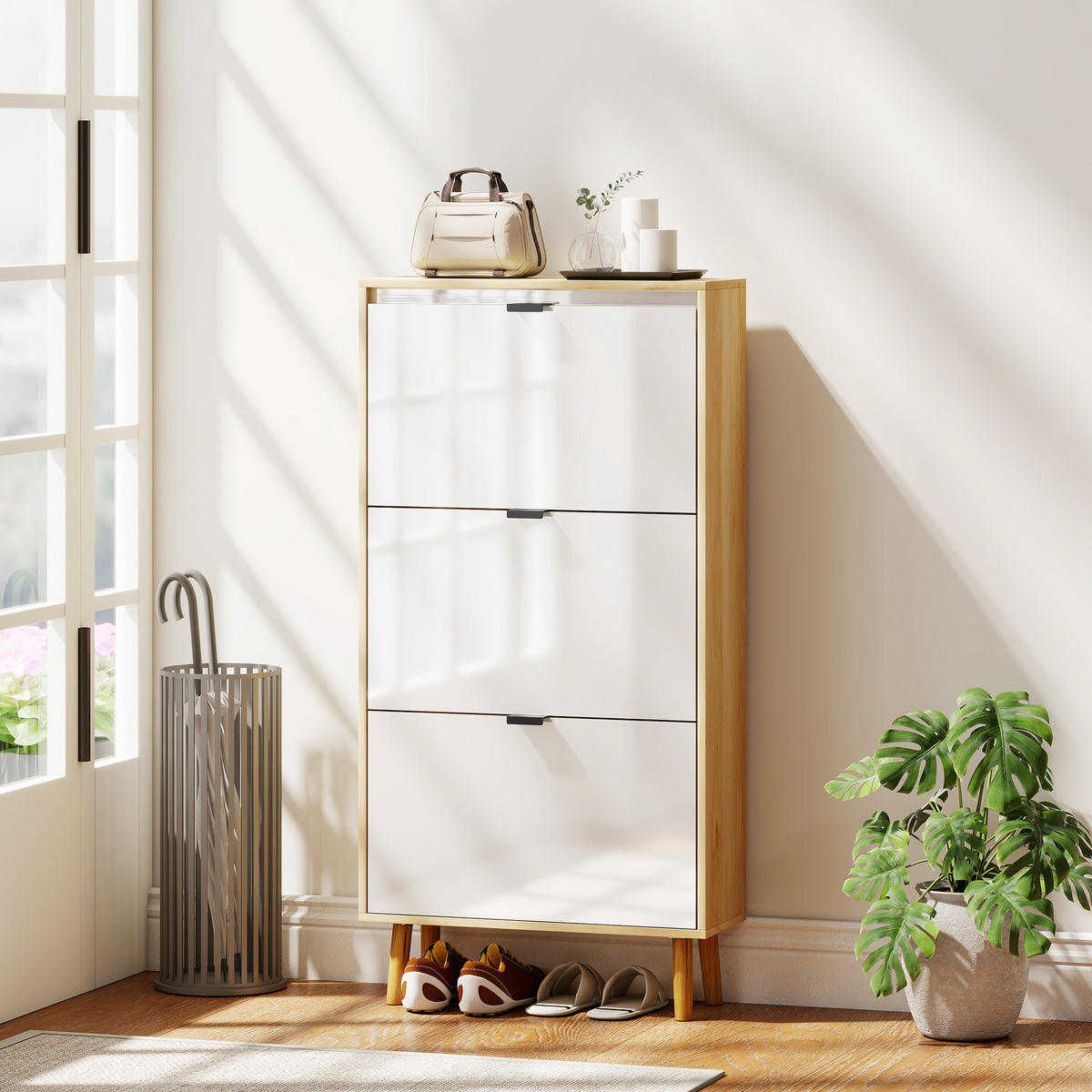 SCHUHSCHRANK, schmaler Schuhschrank, 3 Klappschubladen, Hochglanztür, 60 x 24 x 127 cm, weiß - Weiß, Holzwerkstoff (60/127/24cm) - HOMCOM