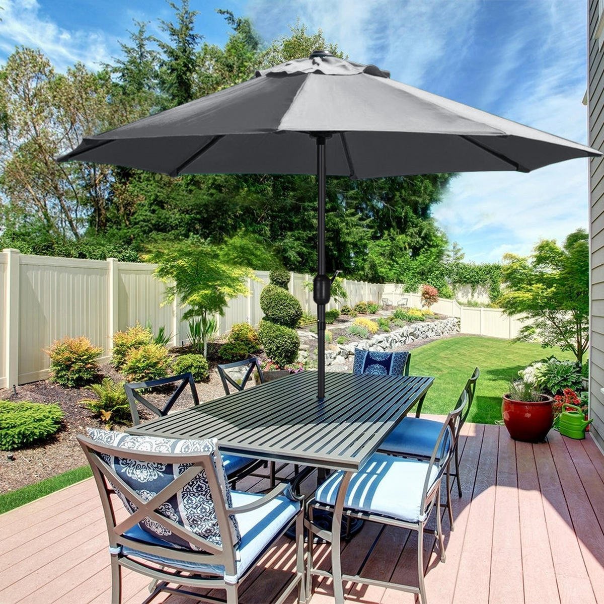 SONNENSCHIRM aus Polyester Metall in Dunkelgrau mit Resin-Sockel drehbar 360° neigbar 60° 3 x 2.4m Ø49 × 32 cm - Grau, Metall (300/240cm) - Livingandhome