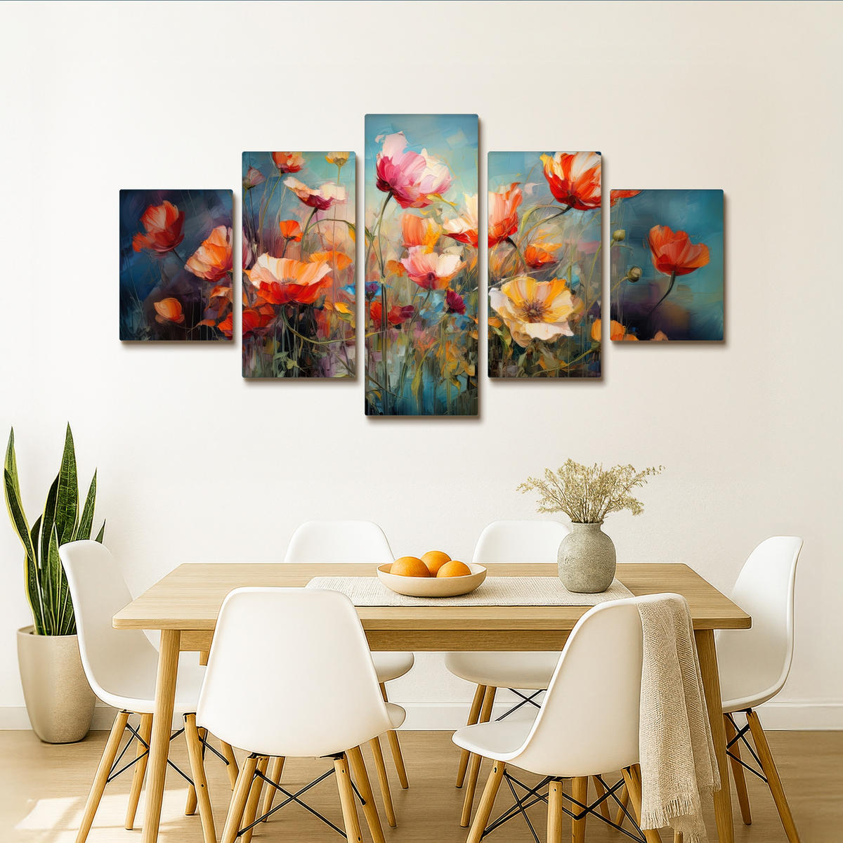 LEINWANDBILD 5er Set Blumen - Bunt - Abstrakt 150x80 cm - Blaugrau, Textil (150/80cm) - MuchoWow