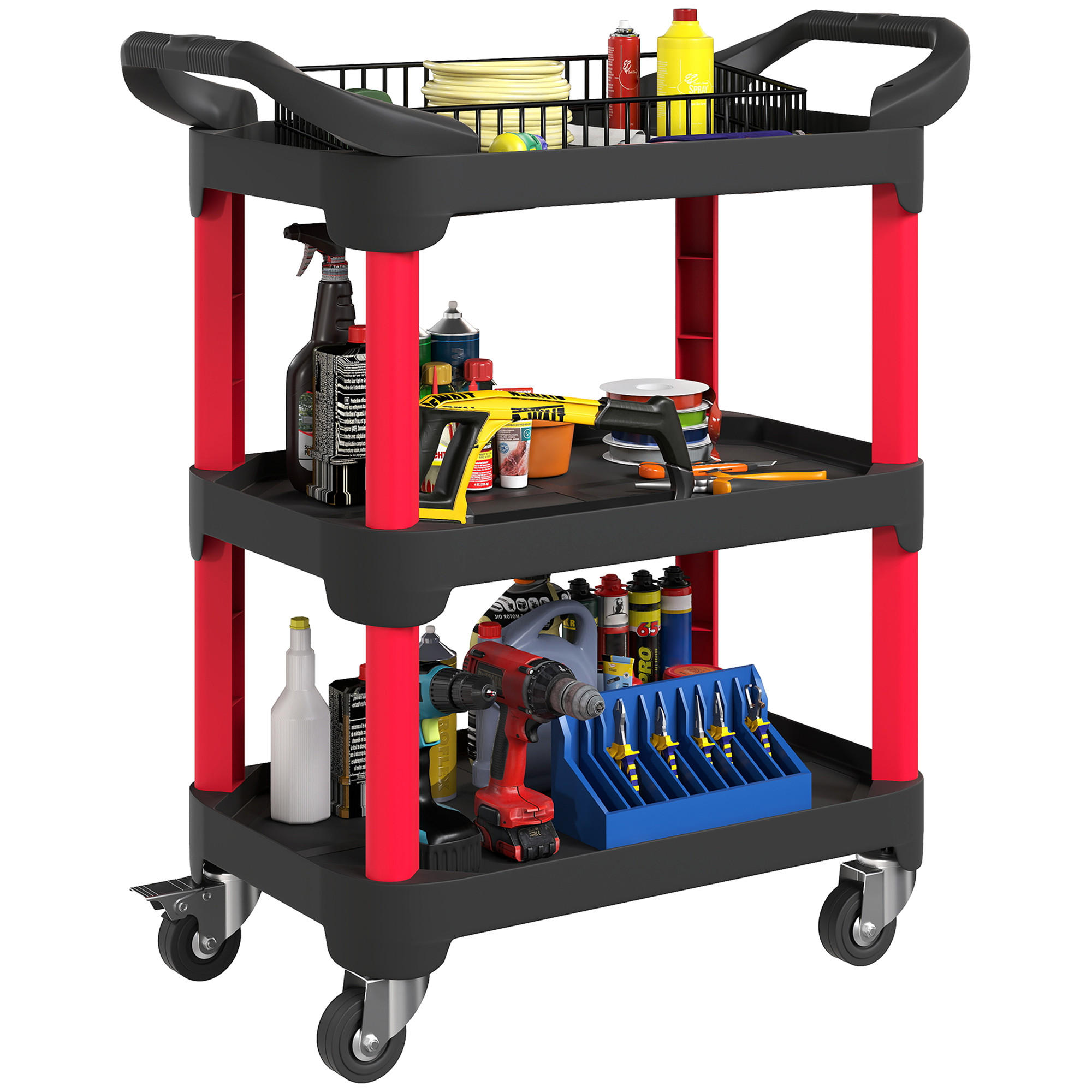 WERKSTATT-ROLLWAGEN mit 3 Ebenen Werkstattwagen 81 x 43 x 96 cm Schwarz - Schwarz, Kunststoff (43/96/81cm) - HOMCOM