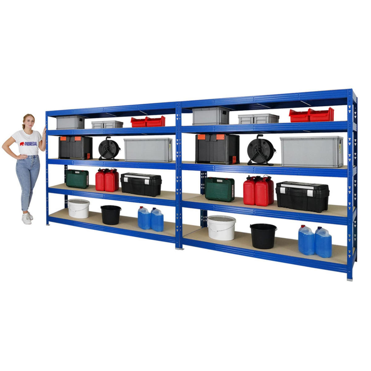 SCHWERLASTREGAL Rhino 2er-Set mit 2x 180x200x60 cm 5 Spanplatten-Ebenen 8mm Fachlast 500 kg Blau - Blau, Metall (400/180/60cm) - PROREGAL