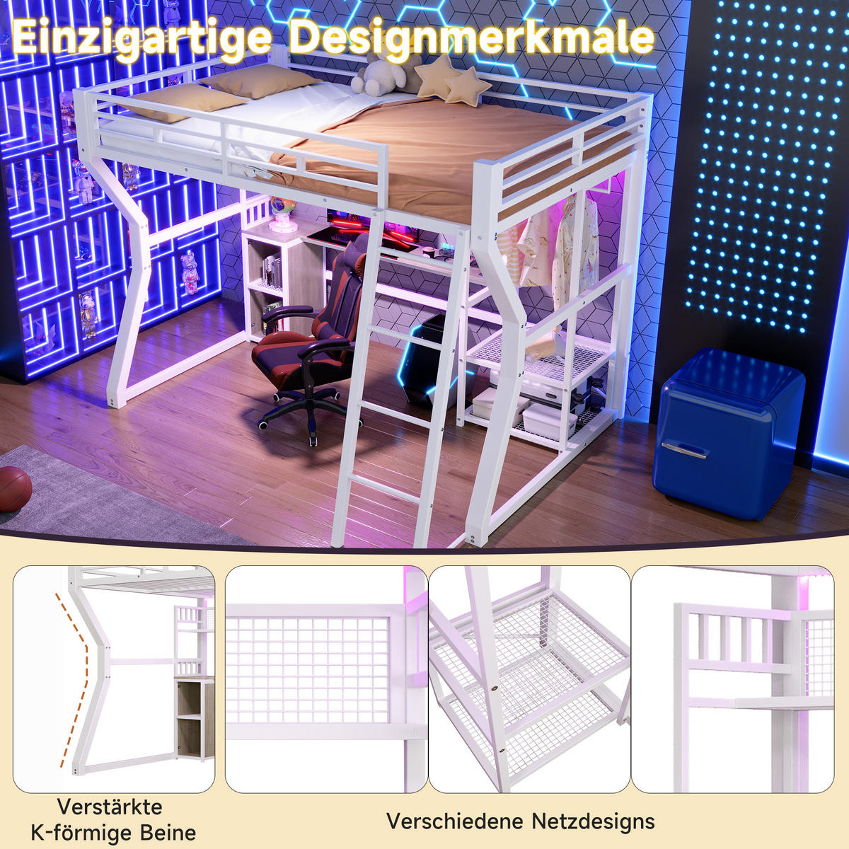 HOCHBETT 140/200 cm in Weiß mit Lichtleiste, Steckdose, Schreibtisch und Staufächern - Weiß, Holzwerkstoff/Metall (90/200cm) - STILVORA