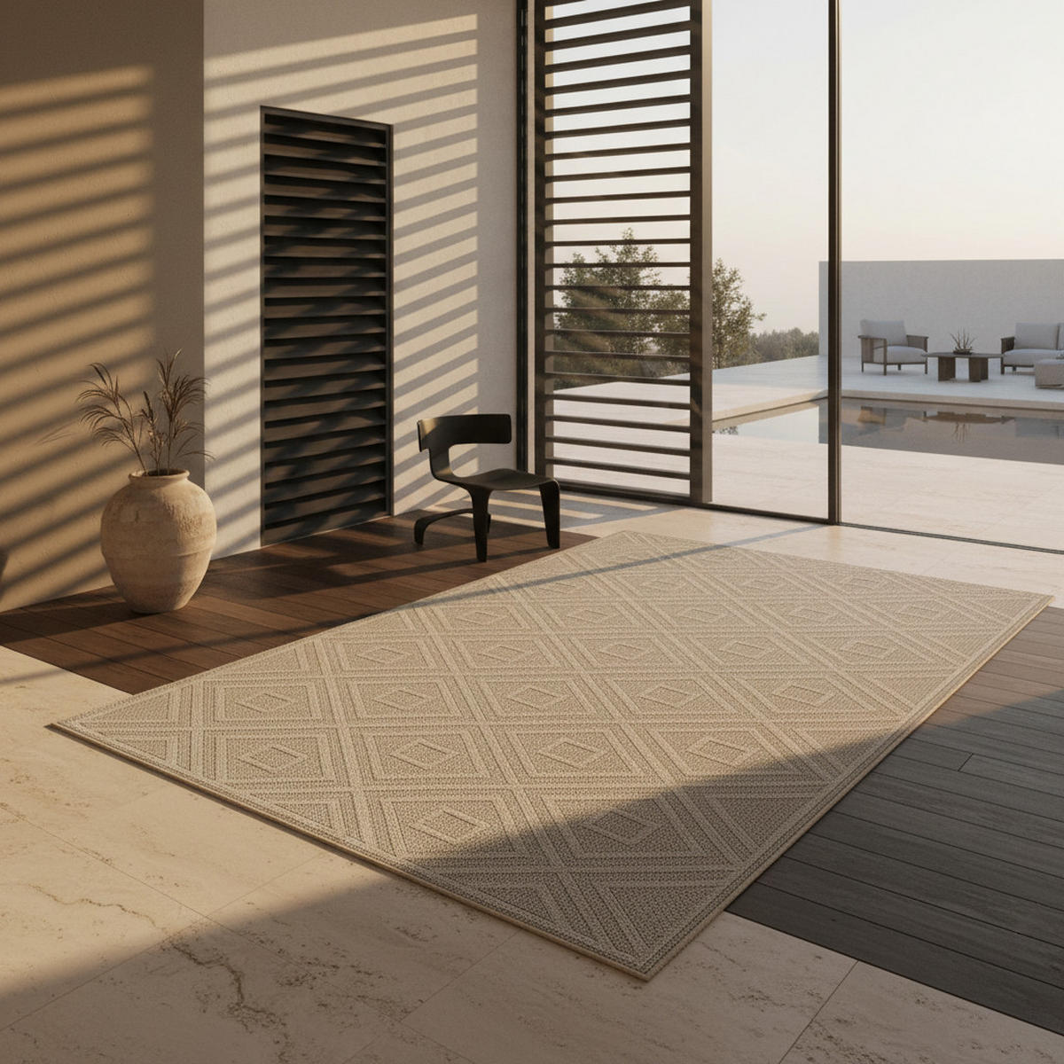 TEPPICH Outdoor Flachgewebe Rauten-Muster Polypropylen Balkon Beige Rechteckig 200x290 - Beige, Textil (200/290cm) - KADIMA DESIGN