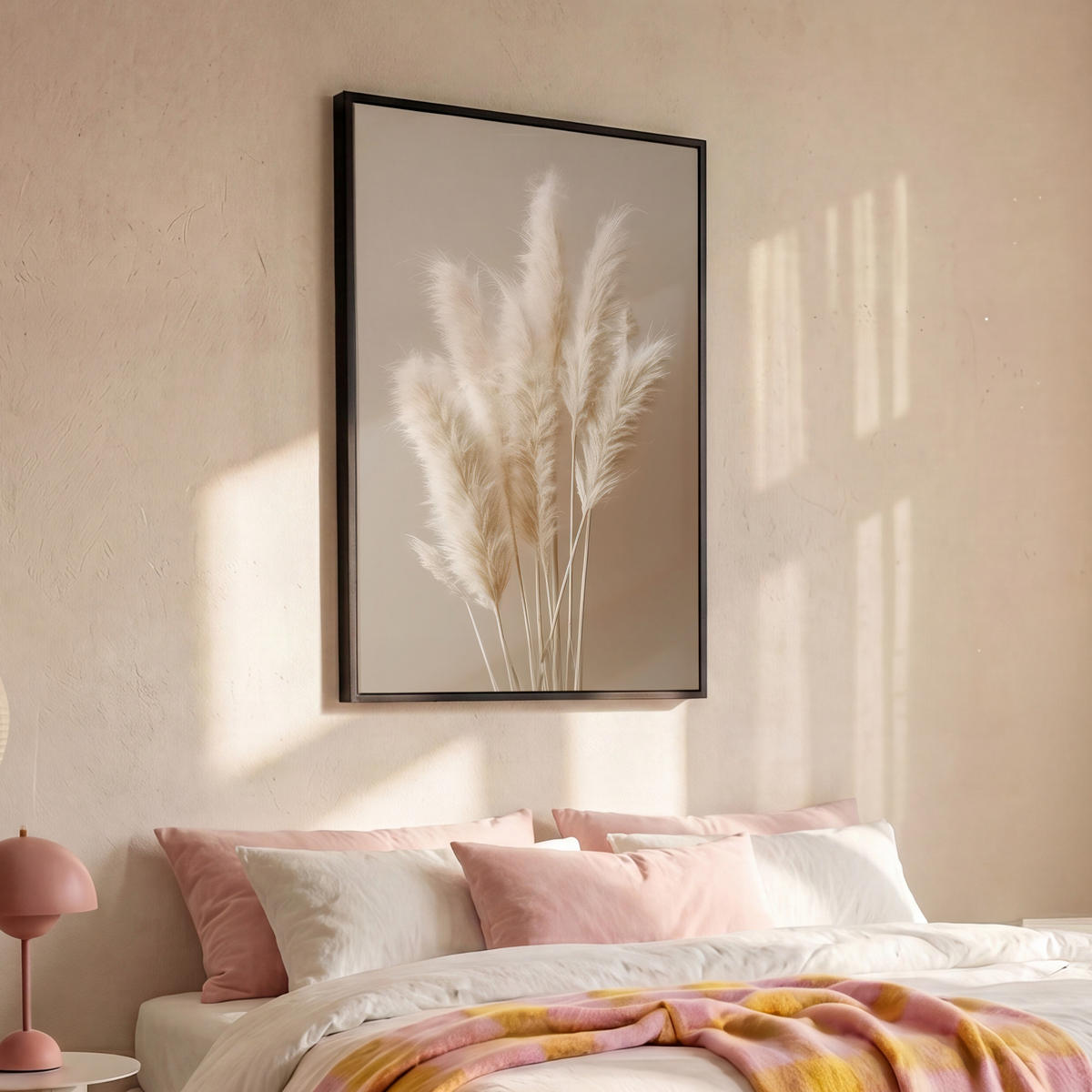 LEINWAND Bilder mit Rahmen - Pampasgras - Federn - Pastell - Weiß - 90x140 - Naturfarben, Textil (90/140cm) - MuchoWow