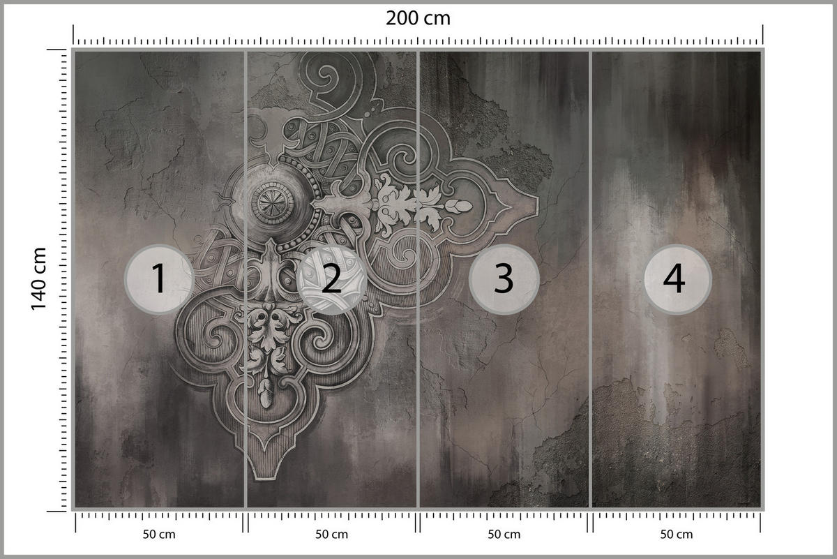 FOTOTAPETE für Wohnzimmer Retro Ornament Betonwand 200x140 - Schwarz/Braun, Papier (200/140cm) - Muralo