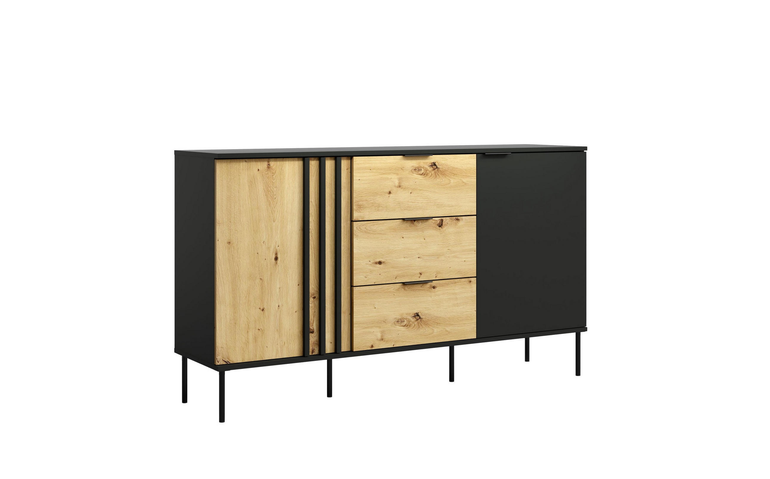KOMMODE MERIDIAN 165,1/92/40cm mit 3 Schubladen 2 Türen Eichefarben - Eichefarben/Schwarz, Holzwerkstoff (165.1/92/40cm) - MASSENO
