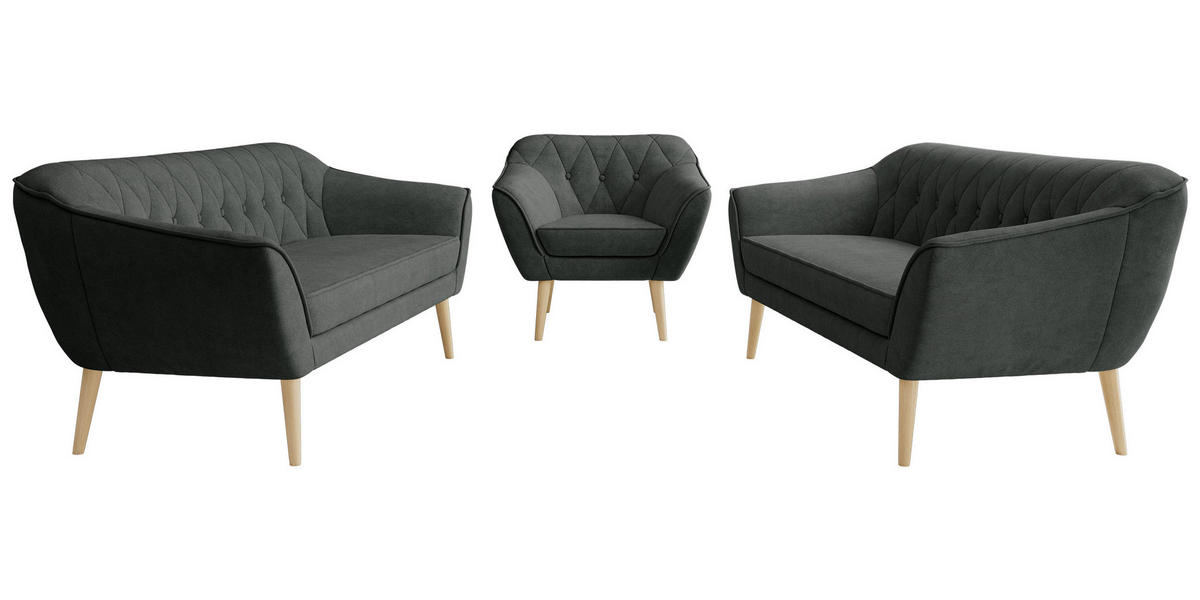 SEDACIA ZOSTAVA 3+3+1 PIRS - Tmavosivá Štruktúrovaná látka - Drevené nohy - farba buka/grafitová, kompozitné drevo/textil (180/75/74cm) - MKS