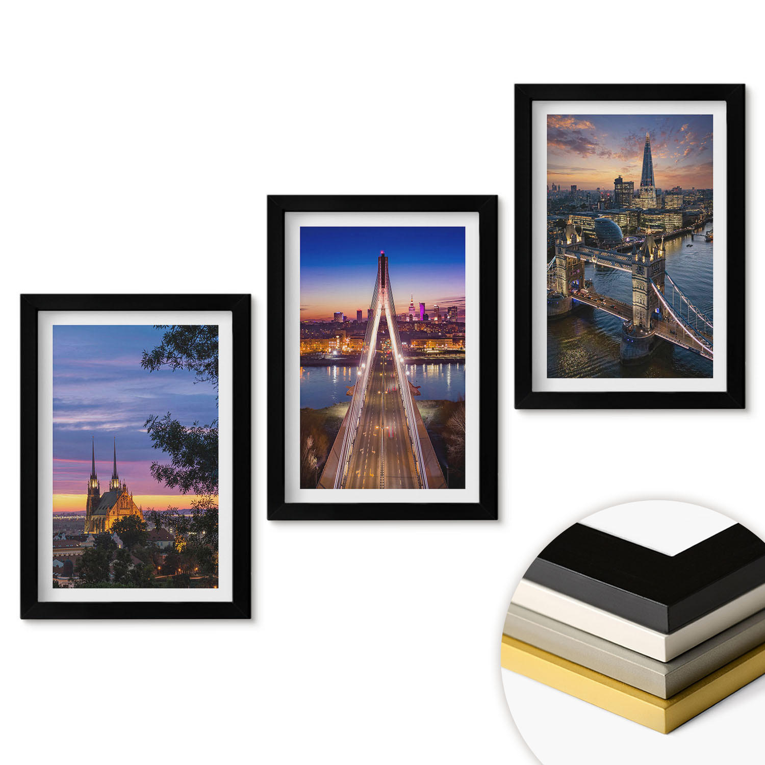 WANDBILDER 3er-Set - 20x30 cm Schwarzer Rahmen - Ausblicke auf Brücken und Sonnenuntergänge - Schwarz, Kunststoff (20/30cm) - ArtPrintCave