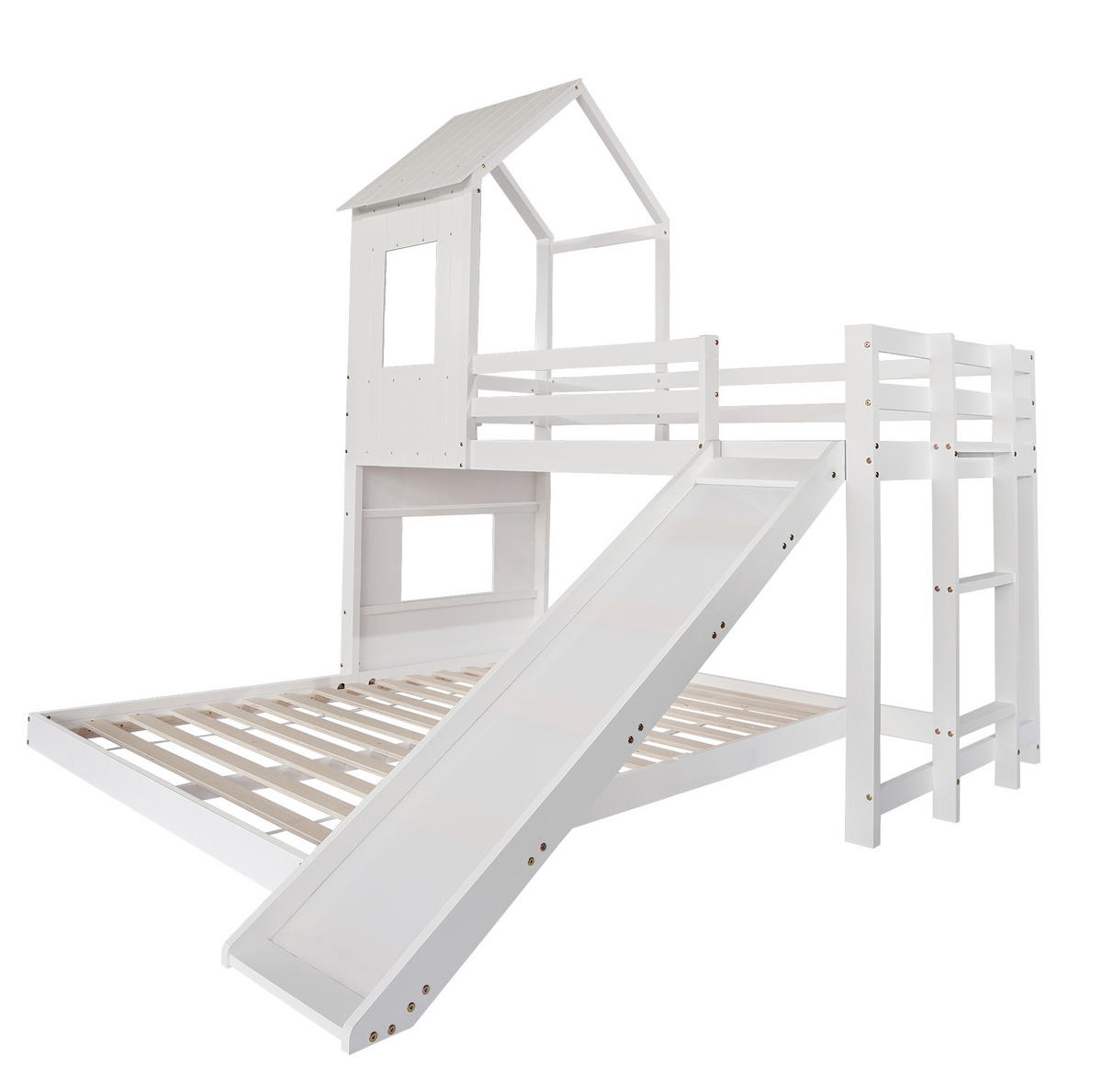 ETAGENBETT 90/200 & 140/200 cm mit Rutsche, Hausdach, Fenster, Fallschutz und Leiter aus Kiefer/MDF, Weiß - Weiß, Holzwerkstoff (90/200cm) - Redom