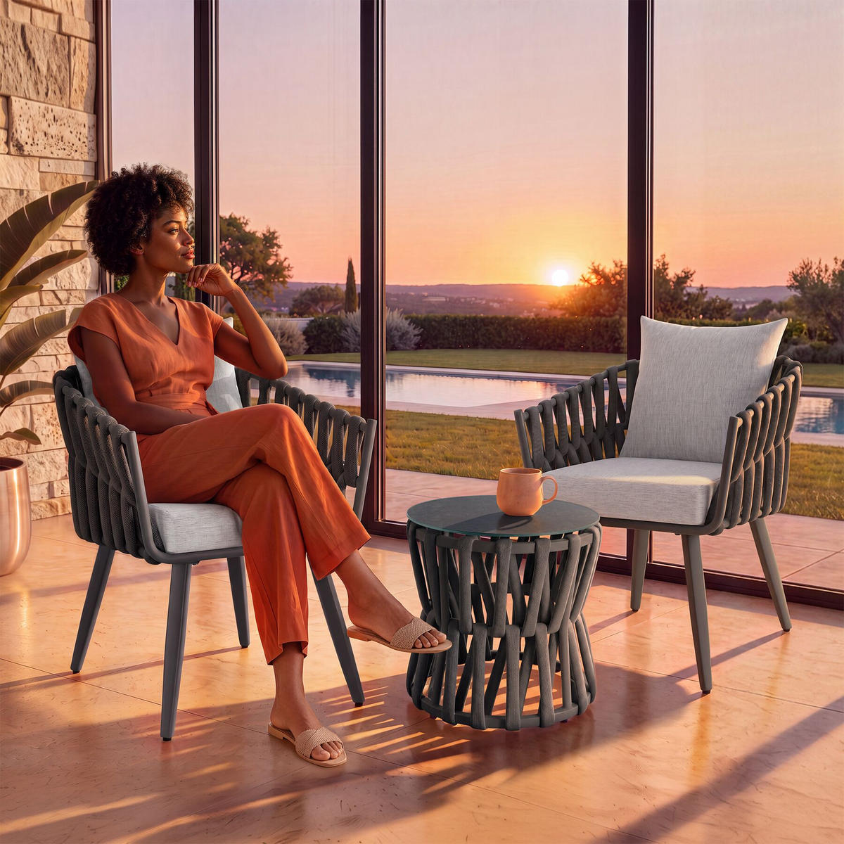 GARTENLOUNGE-SET aus Aluminium Lugano, höhenverstellbare Kunststofffüße, Sicherheitsglasplatte, anthrazit/grau - Anthrazit/Grau, Kunststoff - tectake