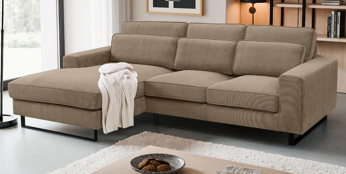 SOFA braun Cord 276 cm, Ecksofa 4-Sitzer, L-Sofa Ottomane links - Schwarz/Braun, Holz/Textil (276/183cm) - Inn.Furn