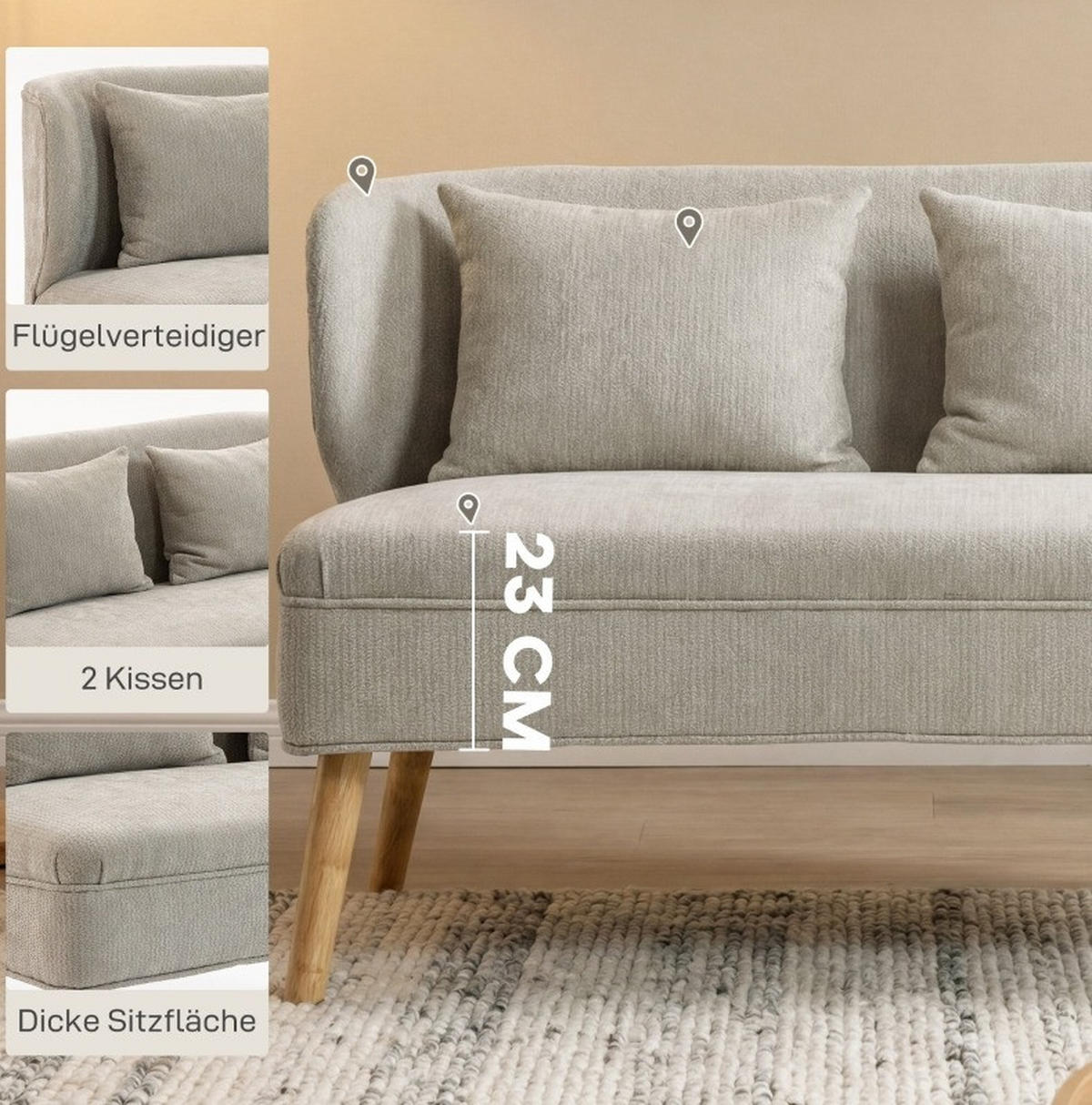 2-SITZER-SOFA aus Chenille 117x65x78,5 cm in Beige mit Flügelrücken - Beige, Textil (65/78.5/117cm) - Modfu