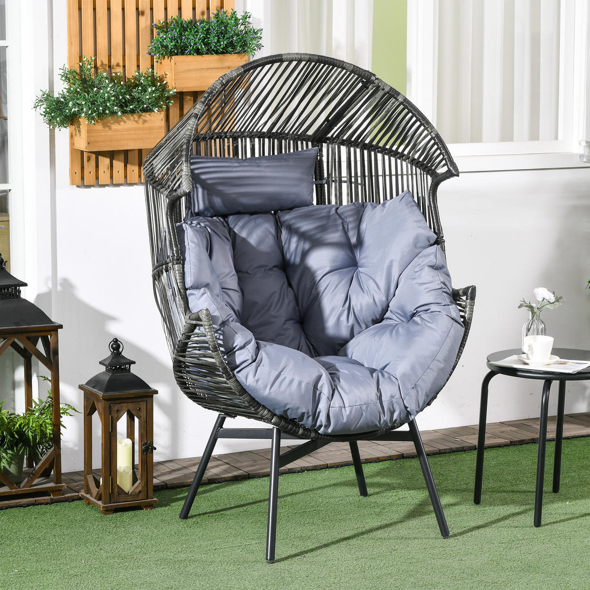 RATTANSESSEL DE-06721 Outdoor-Sessel, PE-Rattan, mit Kissen Grau/Schwarz - Grau, Kunststoff/Metall (75/143/89cm) - ComfortXL