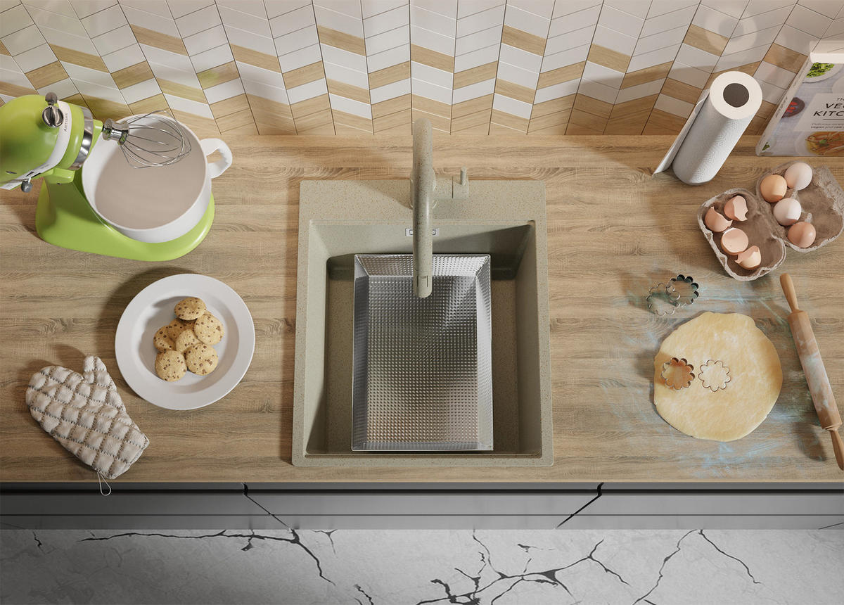 SPÜLBECKEN Oslo, 2-er set Beige 43/50 cm 1 Becken + Ablauf-Set + Schneidebrett ab 45er Unterschrank - Chromfarben/Beige, Kunststoff (43/20/50cm) - Primagran