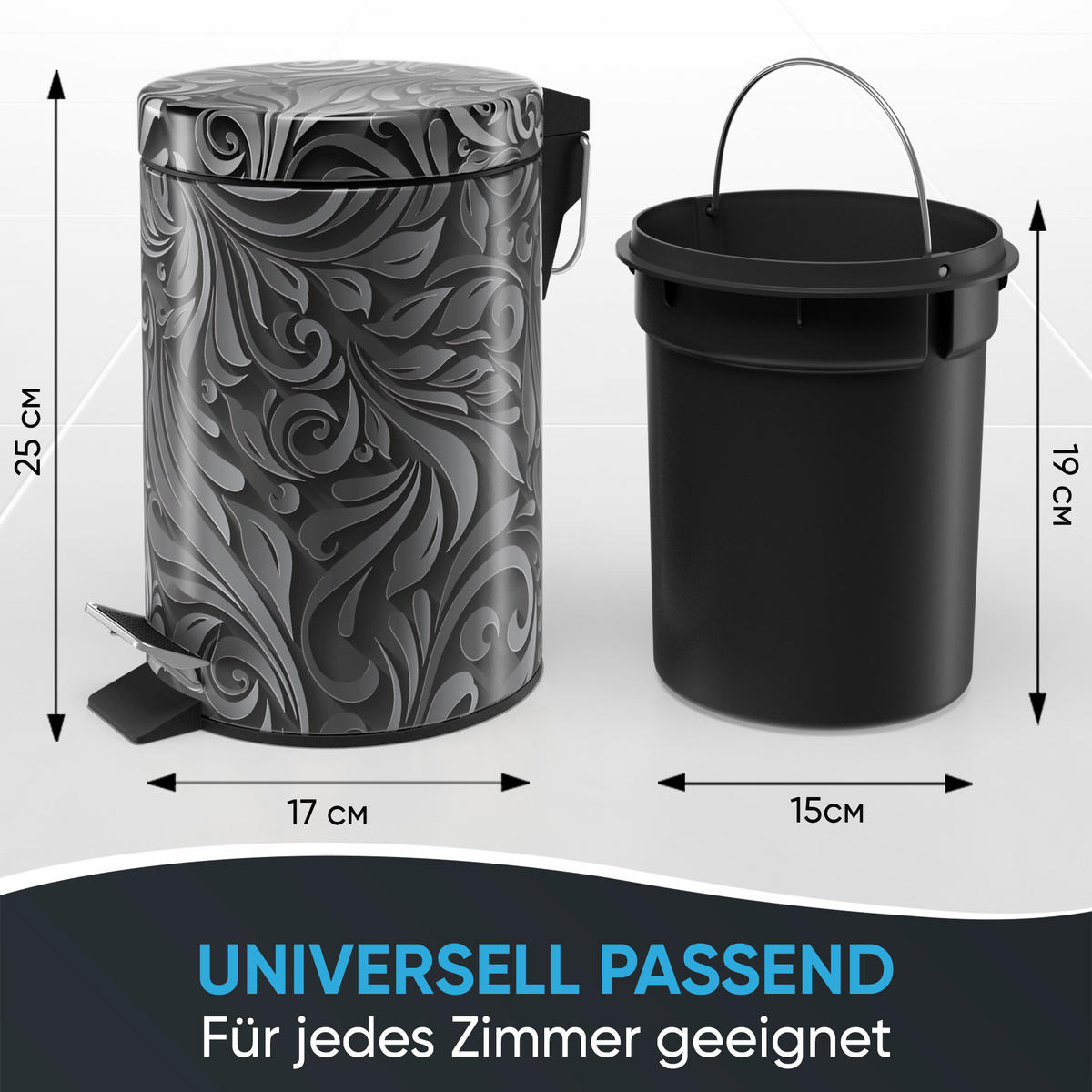 KOSMETIKEIMER Floral - Schwarz/Grau, Kunststoff/Metall (17/25/25cm) - Sanilo