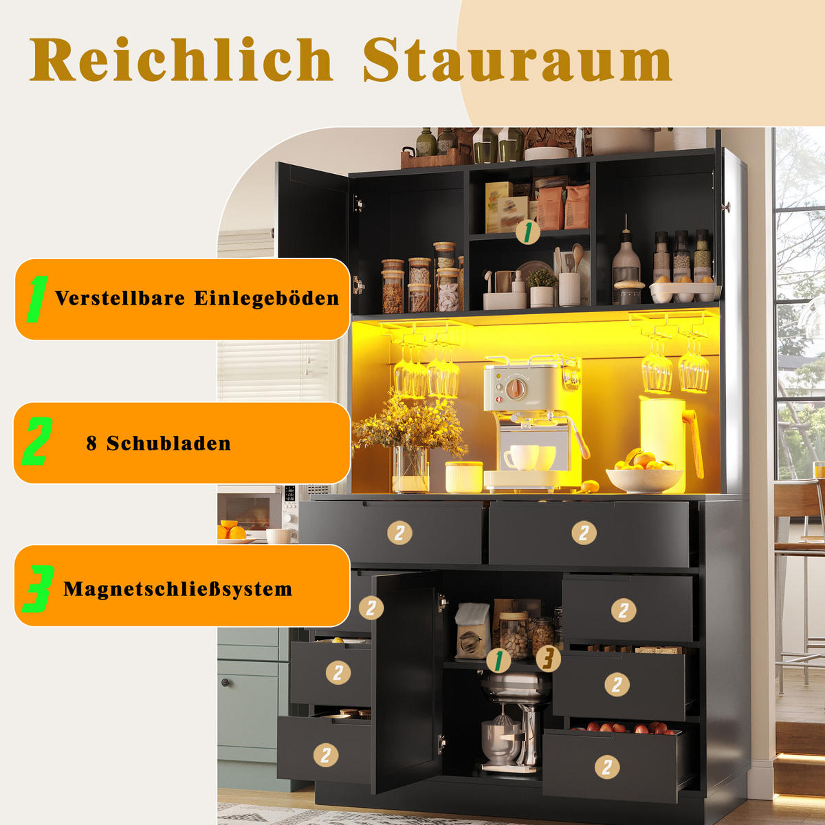 HOCHSCHRANK LED 120x40x183.5Cm 8 Schubladen Schwarz - Schwarz, Holzwerkstoff (120/183.5/40cm) - FLIEKS