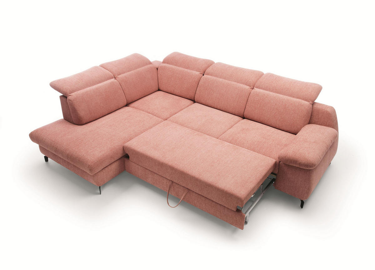 ECKSOFA BORA Rosa Velours-Stoff mit Schlaffunktion - Rosa, Holz (288/223cm) - MASSENO