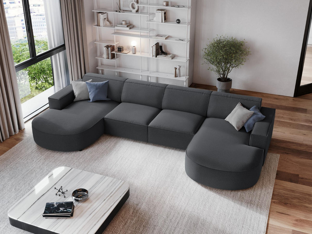 PANORAMASOFA Jodie aus strukturiertem Stoff dunkelgrau 6 Sitzplätze - Dunkelgrau, Textil (166/70/364cm) - Micadoni
