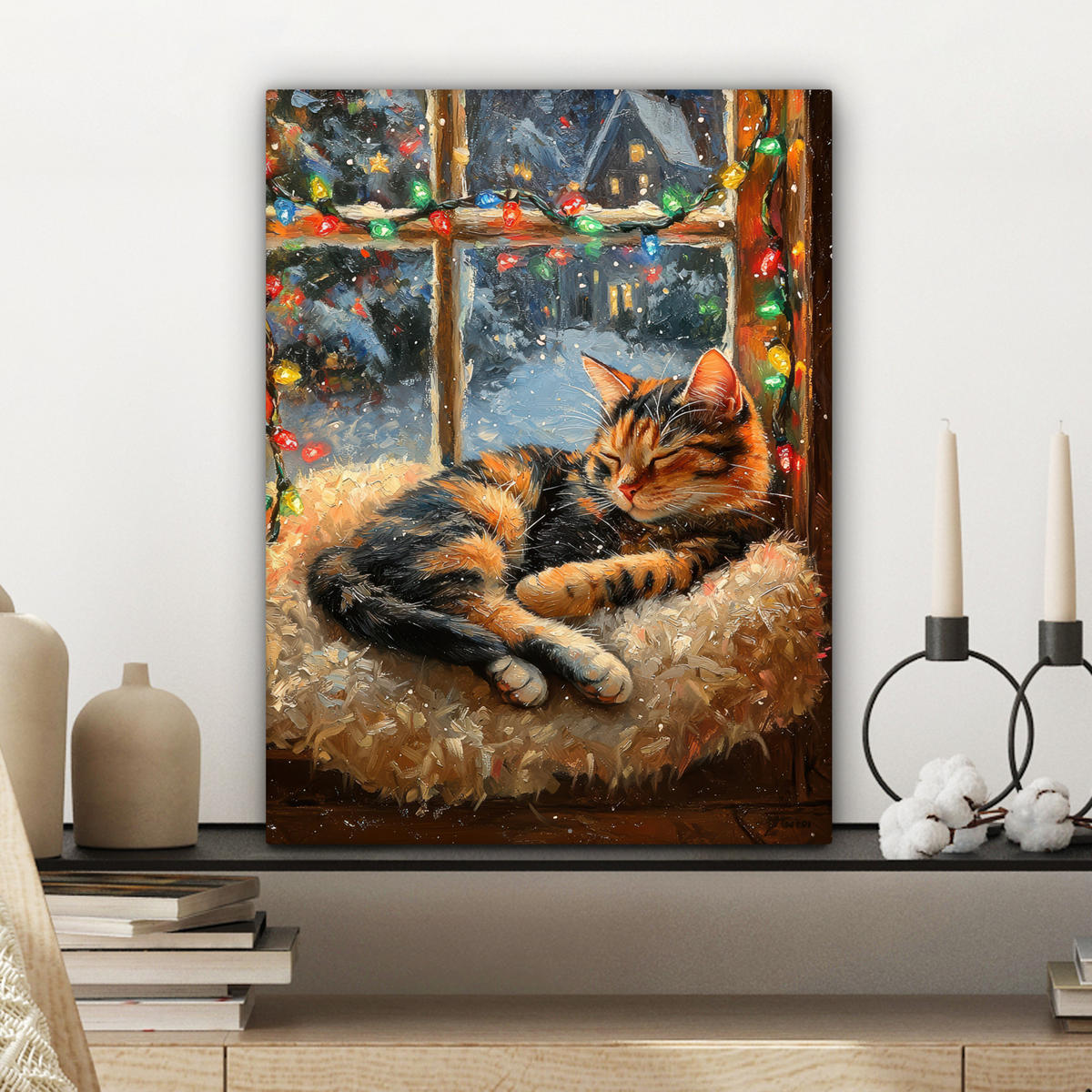 LEINWANDBILD Katze - Weihnachten - Winter - Tier Room Decor 30x40 cm - Bernsteinfarben, Textil (30/40cm) - MuchoWow