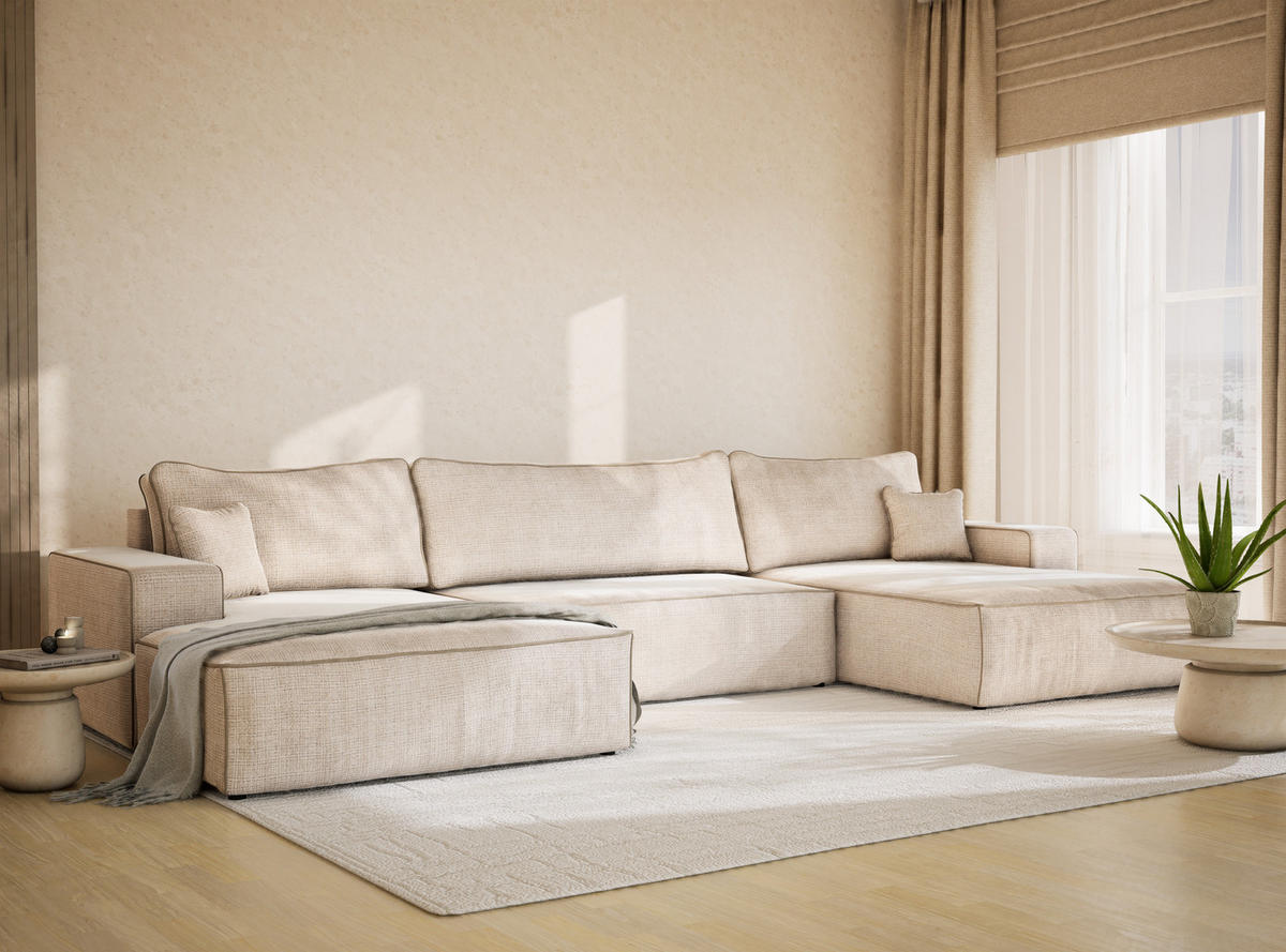 WOHNLANDSCHAFT Deseo Creme-Beige Chenille-Stoff - Beige/Creme, Holz/Holzwerkstoff (398/70/148cm) - Maison de Reve