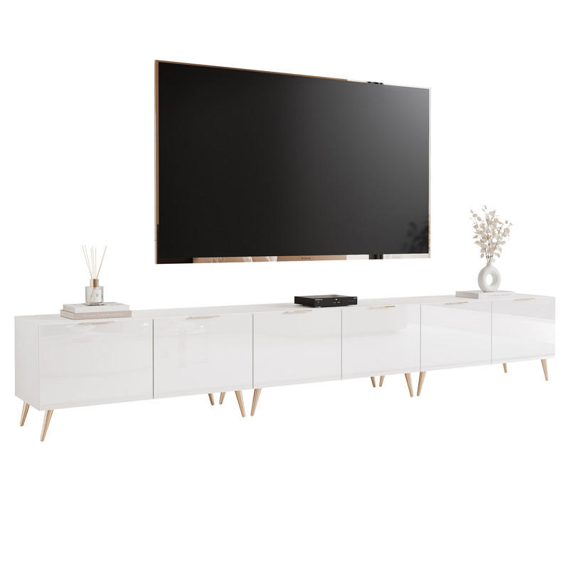 TV skříňka ANGEL 300 cm na nožkách s osvětlením BÍLÝ VYSOKÝ LESK - bílá, kompozitní dřevo (300/49/40cm) - Idohome