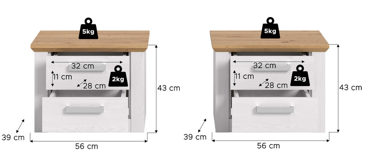 NACHTTISCH 2er Set weiß Lärche, Eiche Artisan Landhaus 56 x 43 cm, 2x Nachtkommode mit Schubkästen - Eichefarben/Silberfarben, Holzwerkstoff/Kunststoff (56/43/39cm) - Inn.Furn