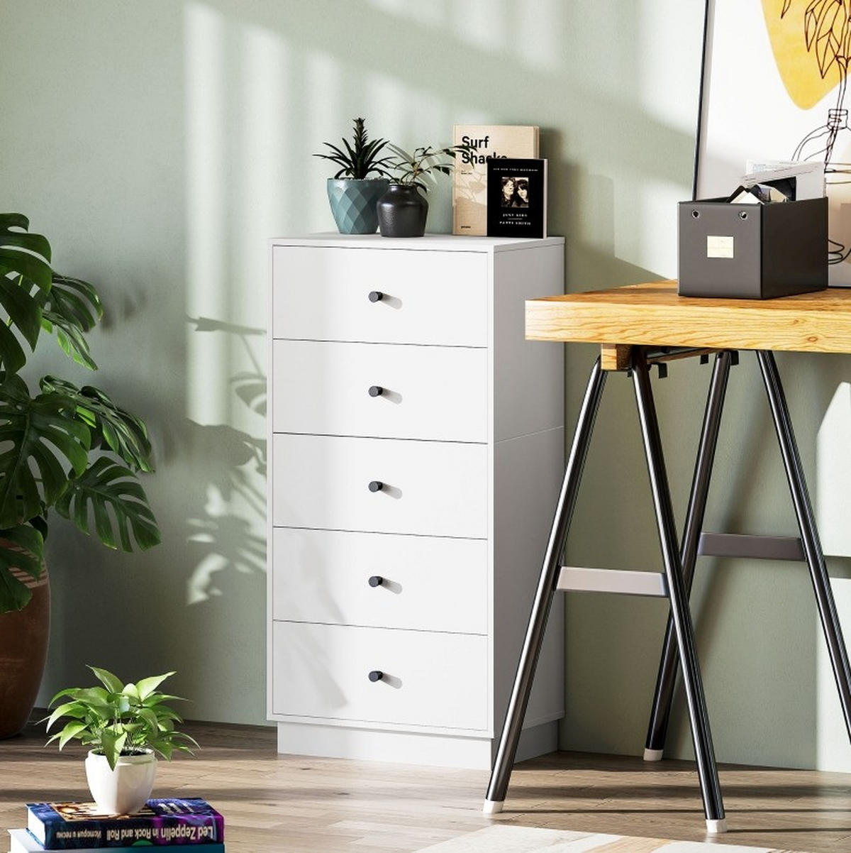 KOMMODE 47/29/95 cm mit 5 Schubladen und Anti-Kipp-Schutz, Weiß - Weiß, Holz (47/95/29cm) - Redom