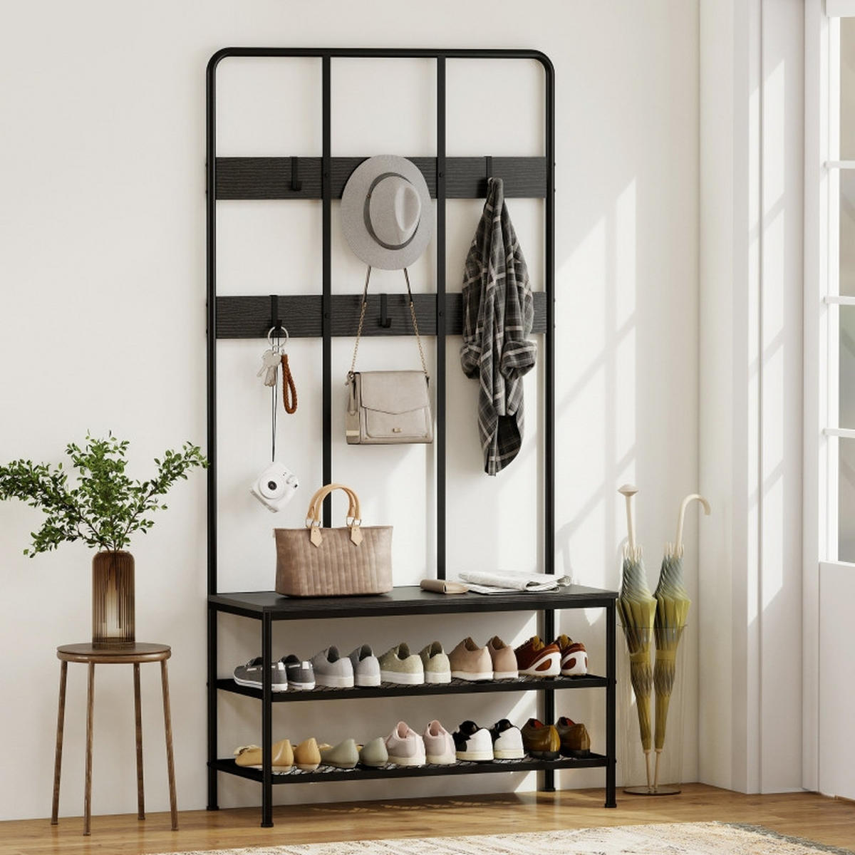 STANDGARDEROBE 91/36/180 cm mit 6 Haken, Sitzbank und Schuhablage in Schwarz - Schwarz, Metall (91/180/36cm) - BEAOK