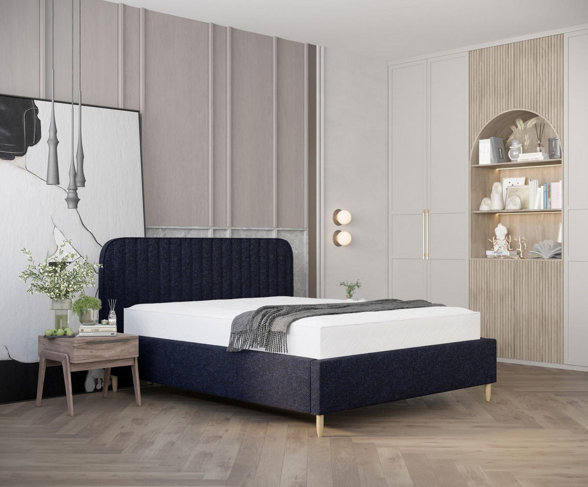 POLSTERBETT Noto Marineblau 140/200 cm im Chenille-Stoff - Naturfarben/Dunkelblau, Holz/Holzwerkstoff (140/200cm) - Maison de Reve