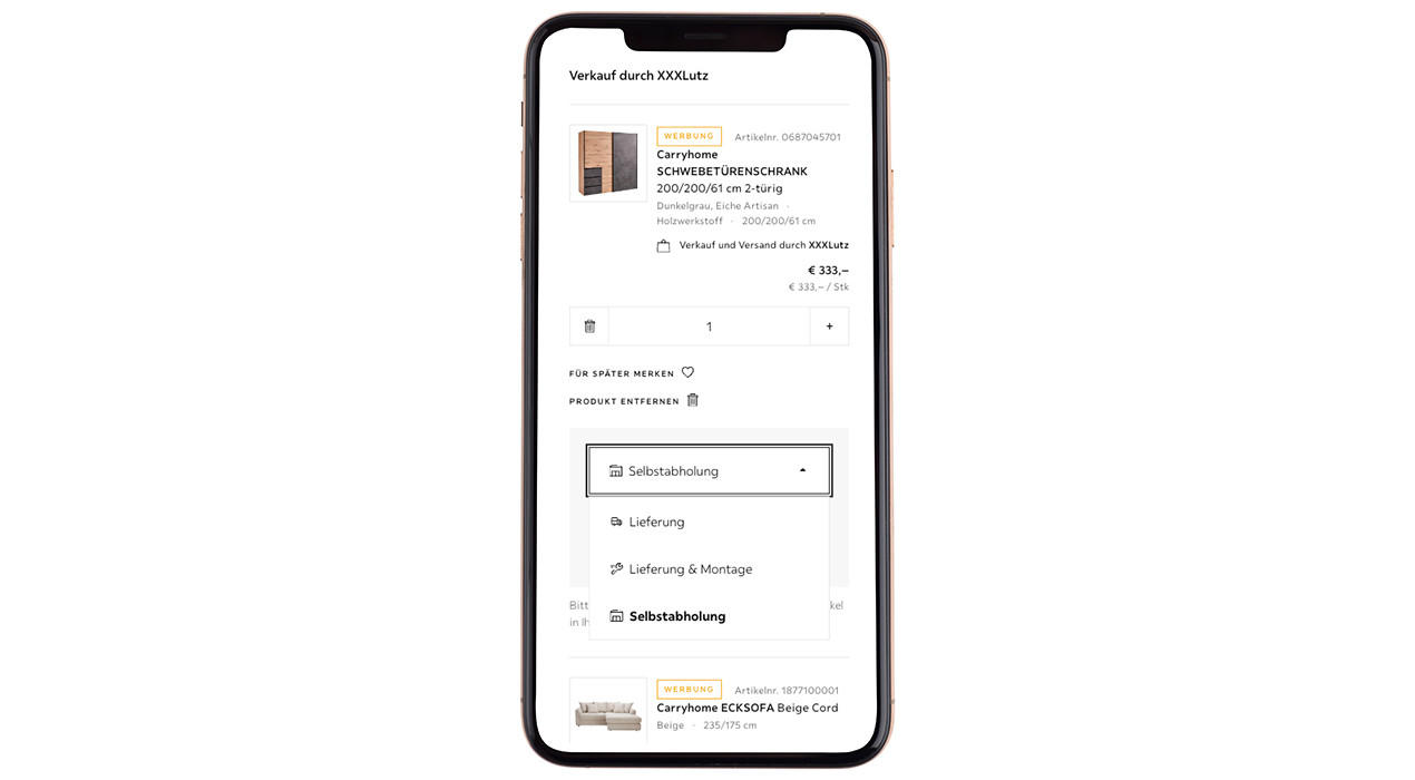 Iphone mit Checkout XXXLutz Selbstabholung in der Filiale