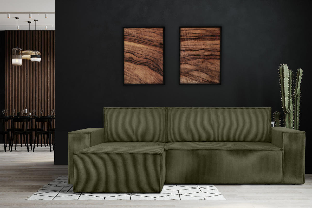 ECKSOFA-LINKS/RECHTS NAPI Schlaffunktion mit Cordbezug, grün - Schwarz/Olivgrün, Textil (262/148cm) - KONSIMO®