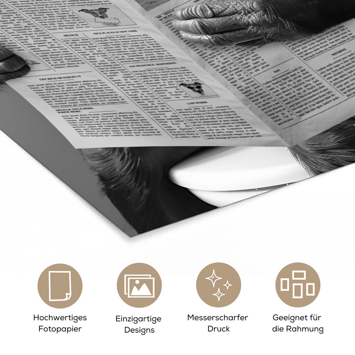 POSTER Affe - WC - Zeitung - Schwarz-Weiß - Humor 20x30 cm - Hellgrau, Papier (20/30/0.1cm) - MuchoWow