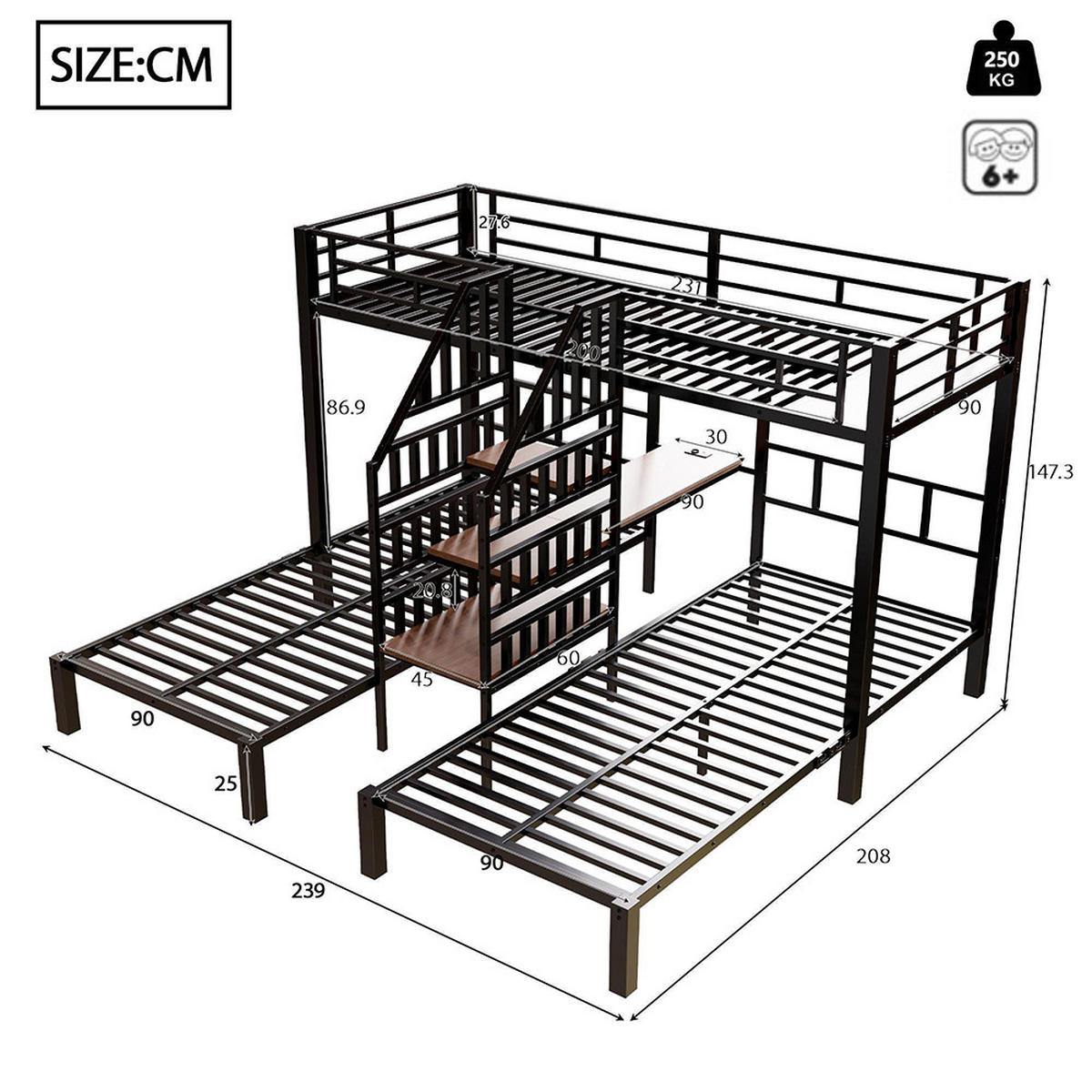ETAGENBETT 90 x 200 cm, mit 3 Betten, schwarz - Schwarz, Metall (90/200cm) - KOMHTOM