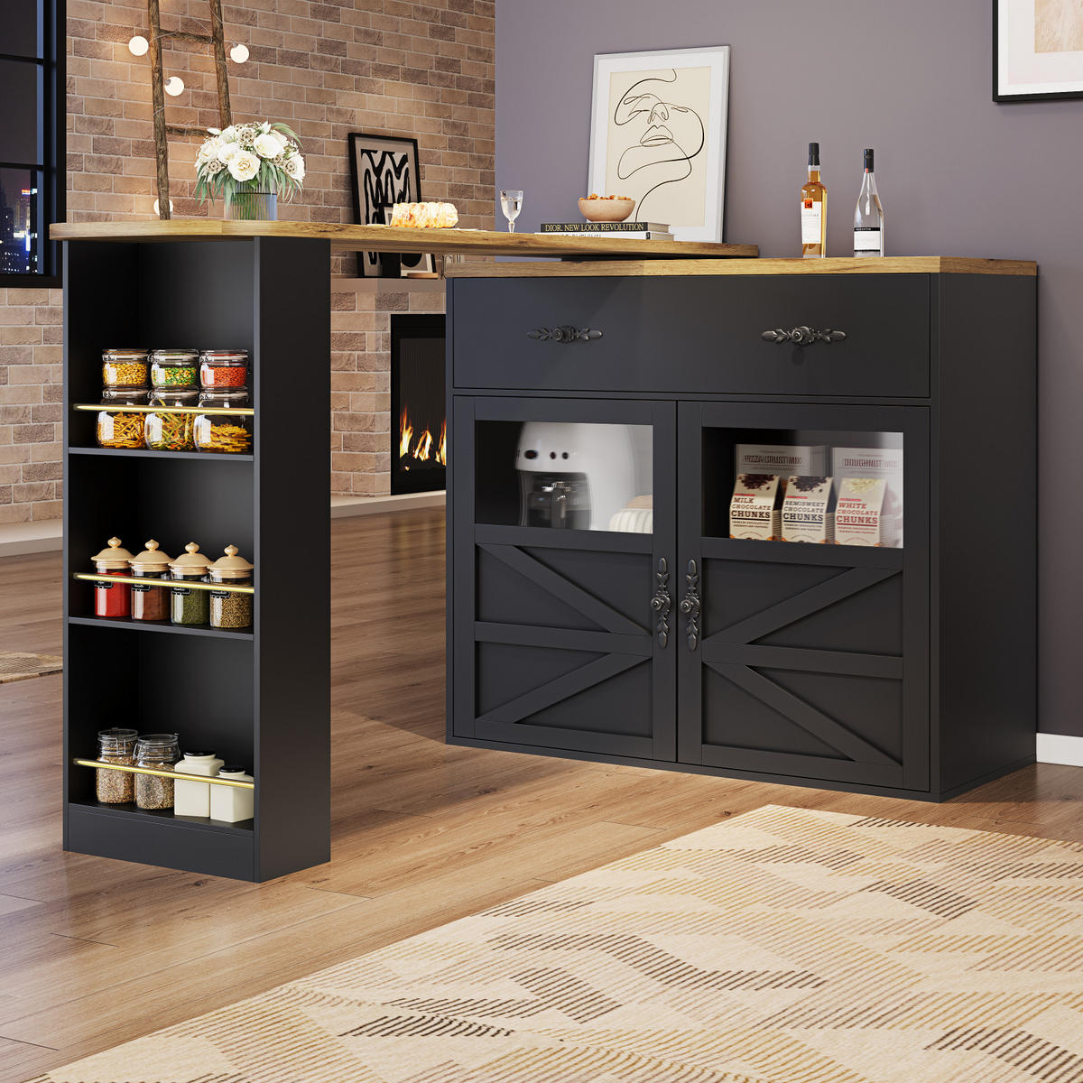 SIDEBOARD 138-204 cm, 360° drehbar, Regale, Schwarz - Schwarz, Holz (204/104/39cm)