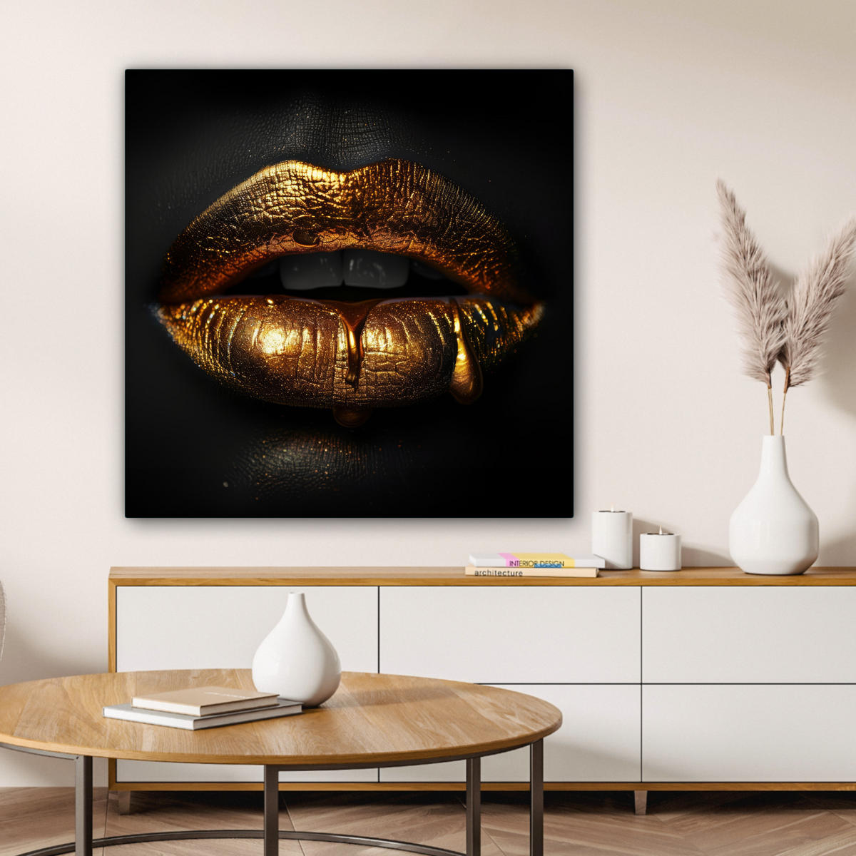 LEINWANDBILD Frau - Porträt - Lippen - Gold - Schwarz Deko Groß 90x90 cm - Schwarz, Textil (90/90cm) - MuchoWow
