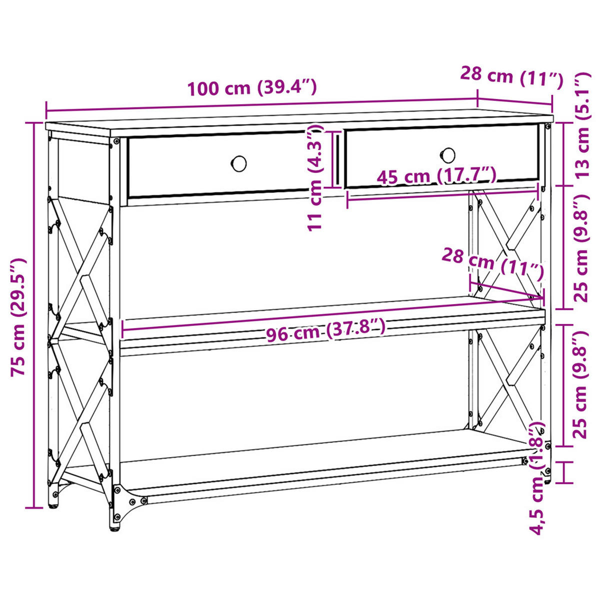 KONSOLE Tisch Artisan-Eiche 100/28/75 Cm - Braun, Holzwerkstoff (100/28/75cm) - vidaXL