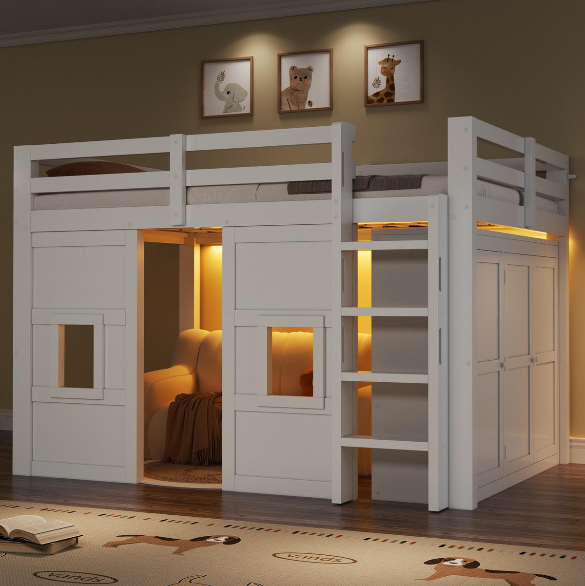 HOCHBETT 140/200 cm mit Kleiderschrank, 2 Fenstern und LED-Beleuchtung, aus Holz, Weiß - Weiß, Holzwerkstoff (140/200cm) - Redom