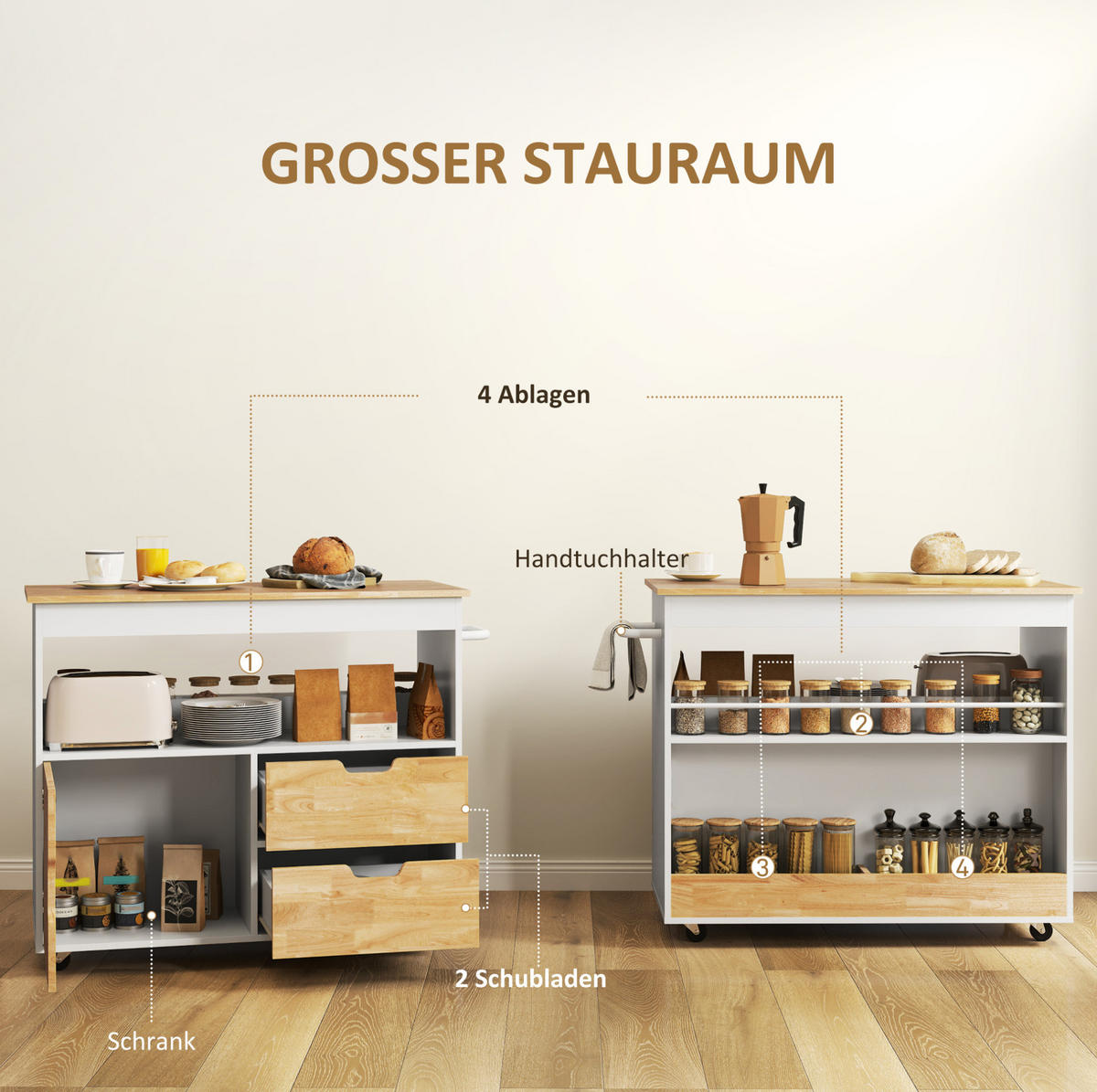 KÜCHENINSEL 107/50/85 cm mit Kautschukholz-Arbeitsplatte, Schubladen, Schrank und Rollen, Eiche - Eichefarben, Holz (107/85/50cm) - Redom