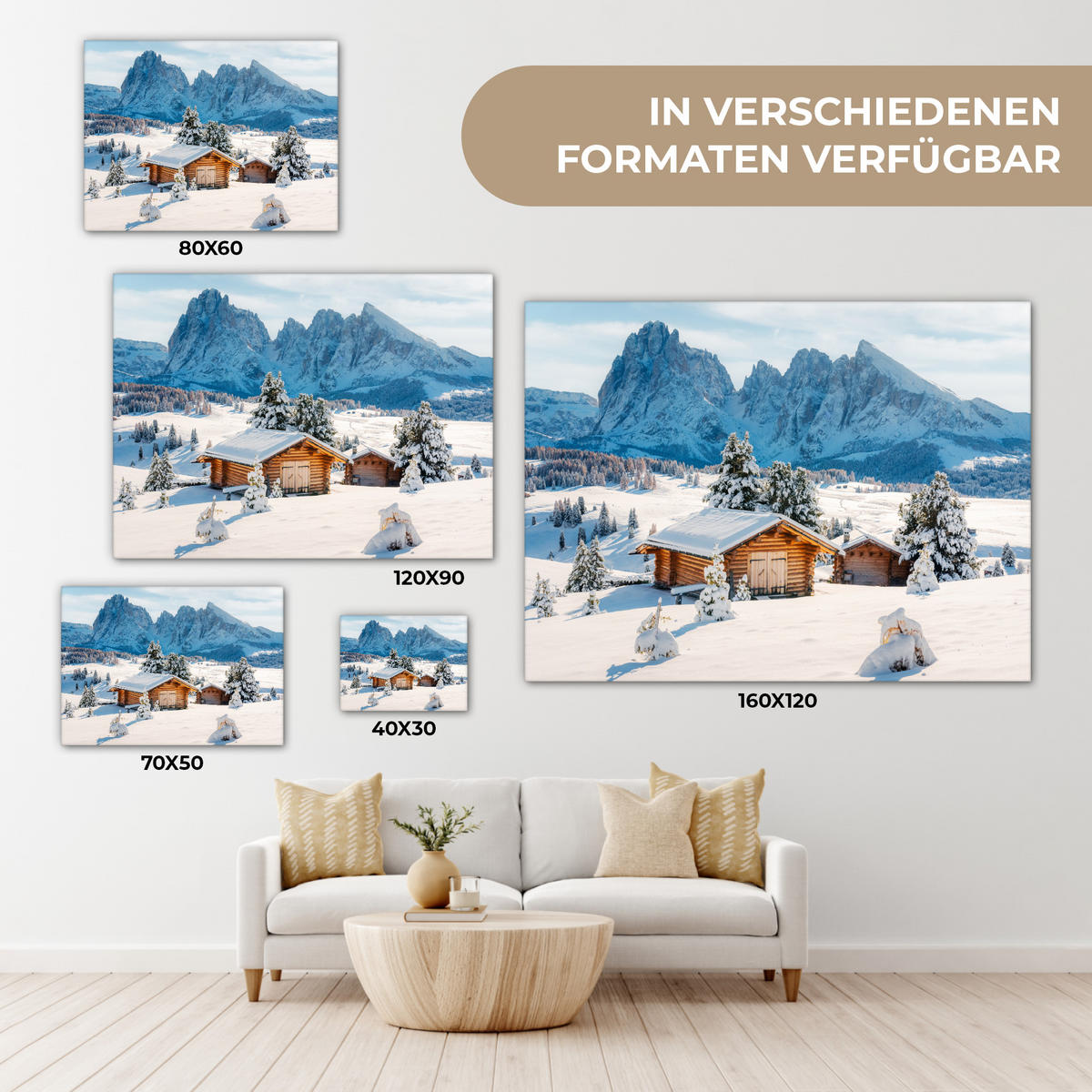LEINWANDBILD Winter - Hütte - Berge - Aussicht - Schnee Wandbilder 80x60 cm - Eichefarben, Textil (80/60cm) - MuchoWow