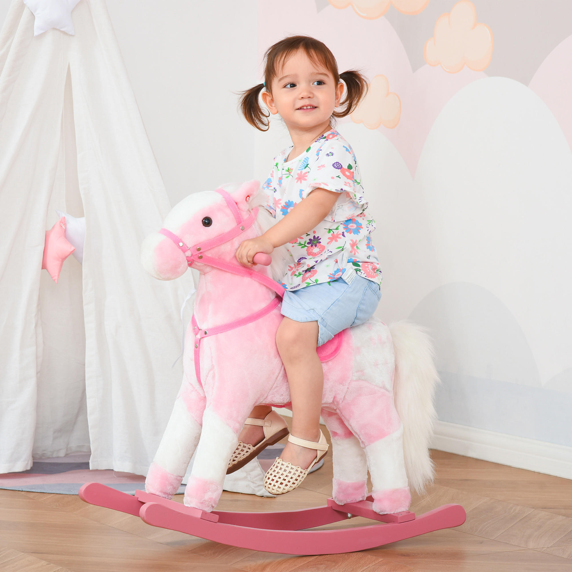 KINDER SCHAUKELTIER, Braun/Rosa, Plüsch+ Pappel - Rosa, Holz (28/65/74cm) - HOMCOM