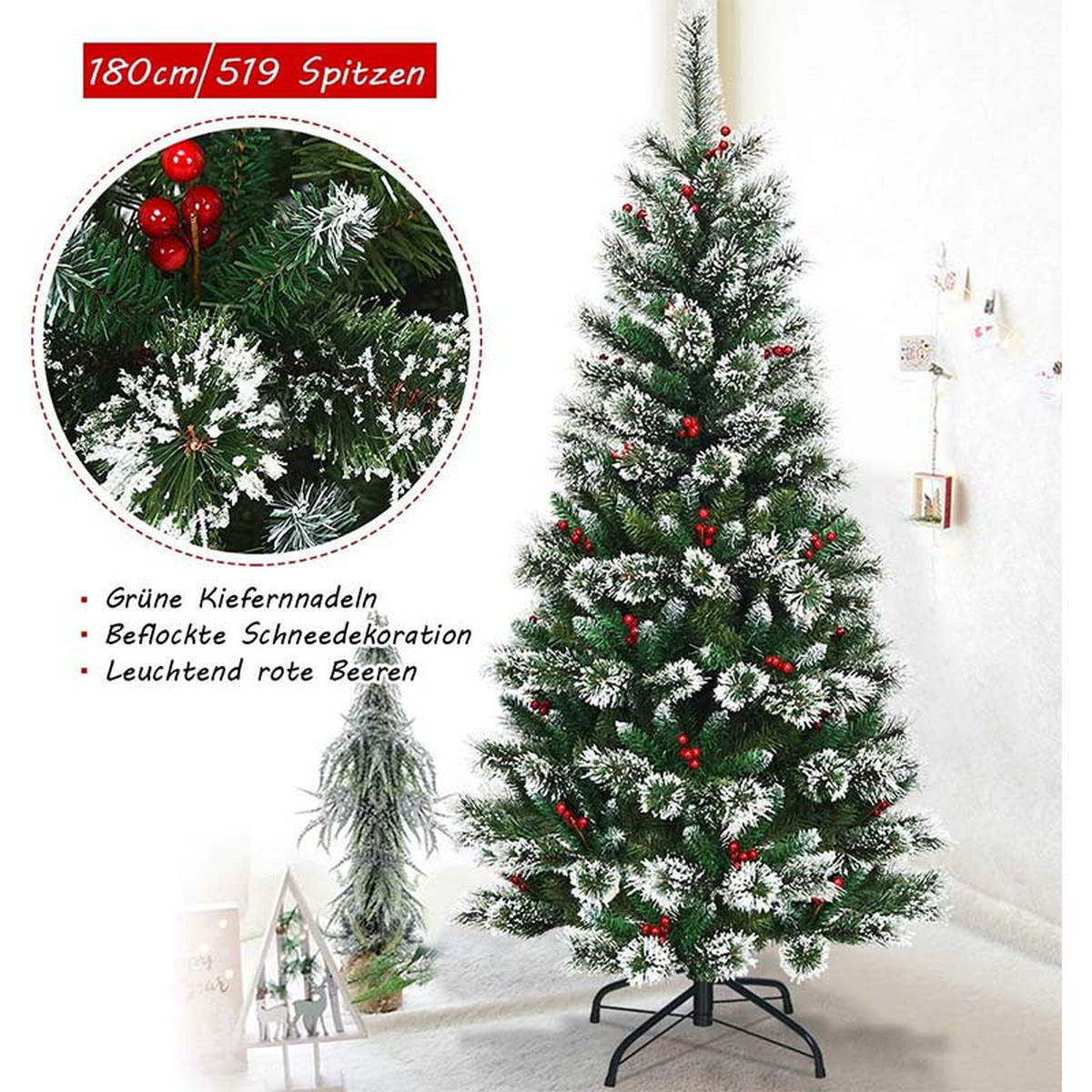 WEIHNACHTSBAUM mit roten Beeren 180cm Grün - Grün, Metall (180cm) - COSTWAY