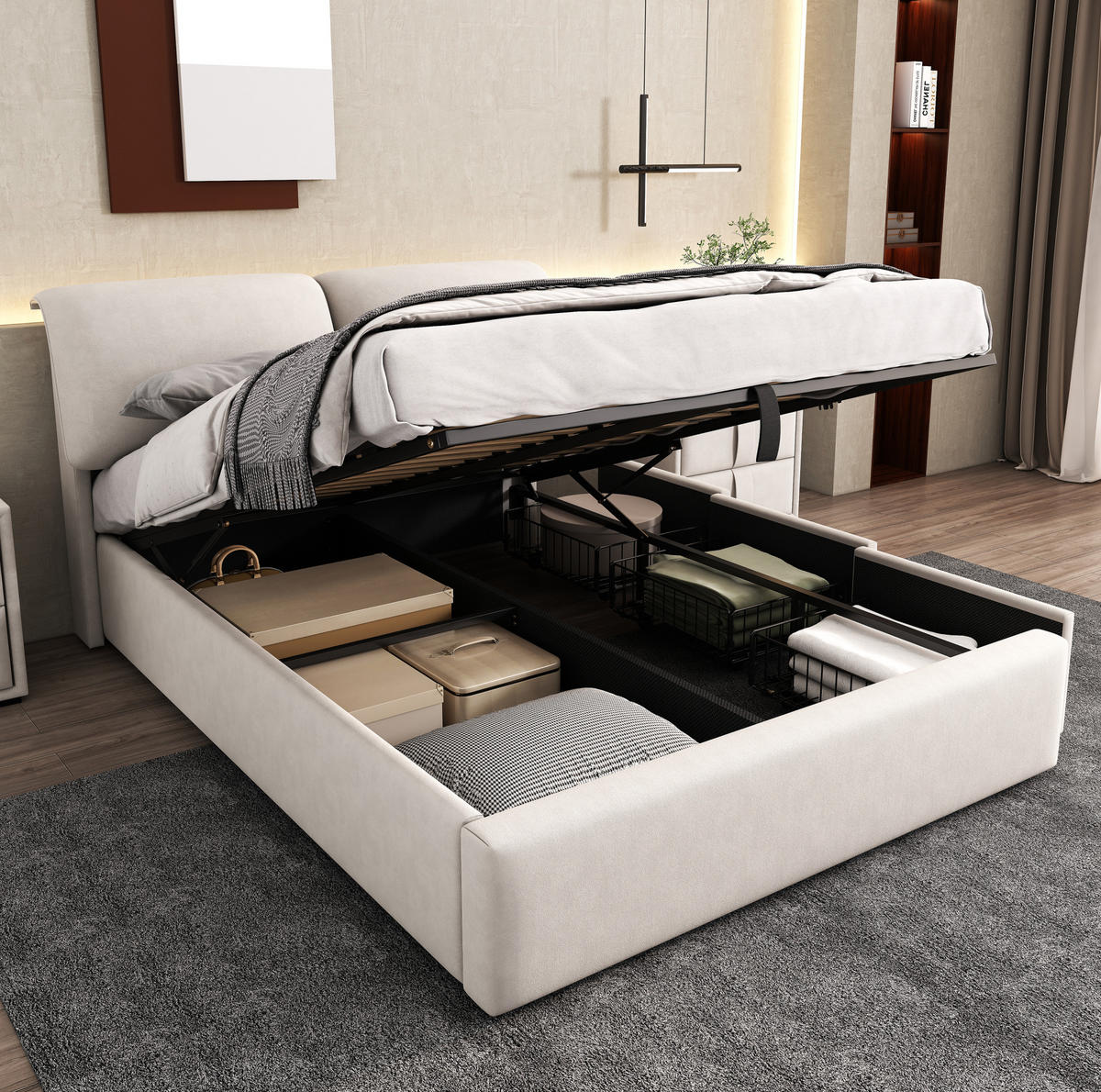 ČALÚNENÁ posteľ z velúru 140x190 cm béžová s hydraulickým úložným priestorom, 3 zásuvkami a nastaviteľným čelom - béžová, textil (140/190cm) - Modfu