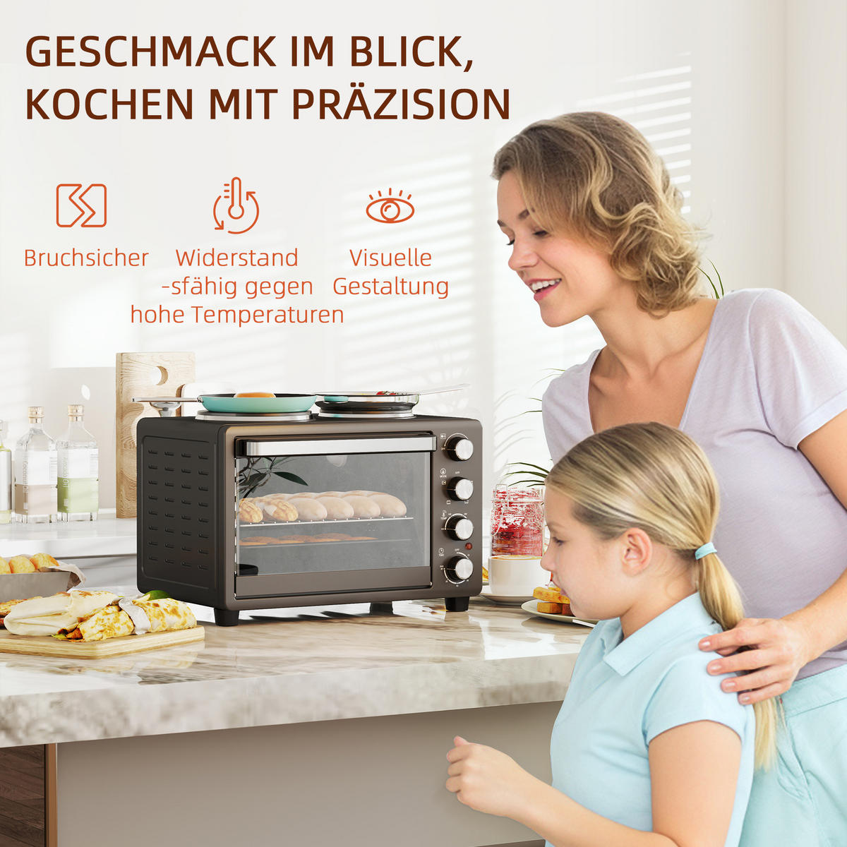 MINIBACKOFEN 28L 2600W mit 2 Kochplatten, Pizzaofen mit Backblech & Grillrost, 100-230°C, 60 Min. Timer, Schwarz - Schwarz, Metall (48.6/33/36.3cm) - Beaface