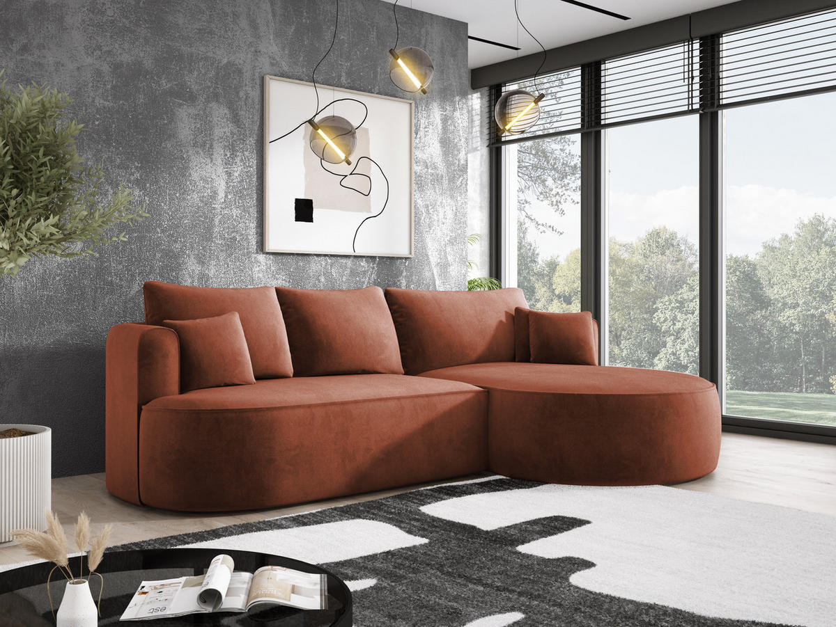 ECKSOFA FIORE L-förm Moderne Ausziehbare Schlaf-Funktion, automatischer Auffaltung, lose Rückenkissen freistehend RECHTS 284x183x82cm Bronze - Bronzefarben, Holz/Textil (284/183cm) - DomoHome